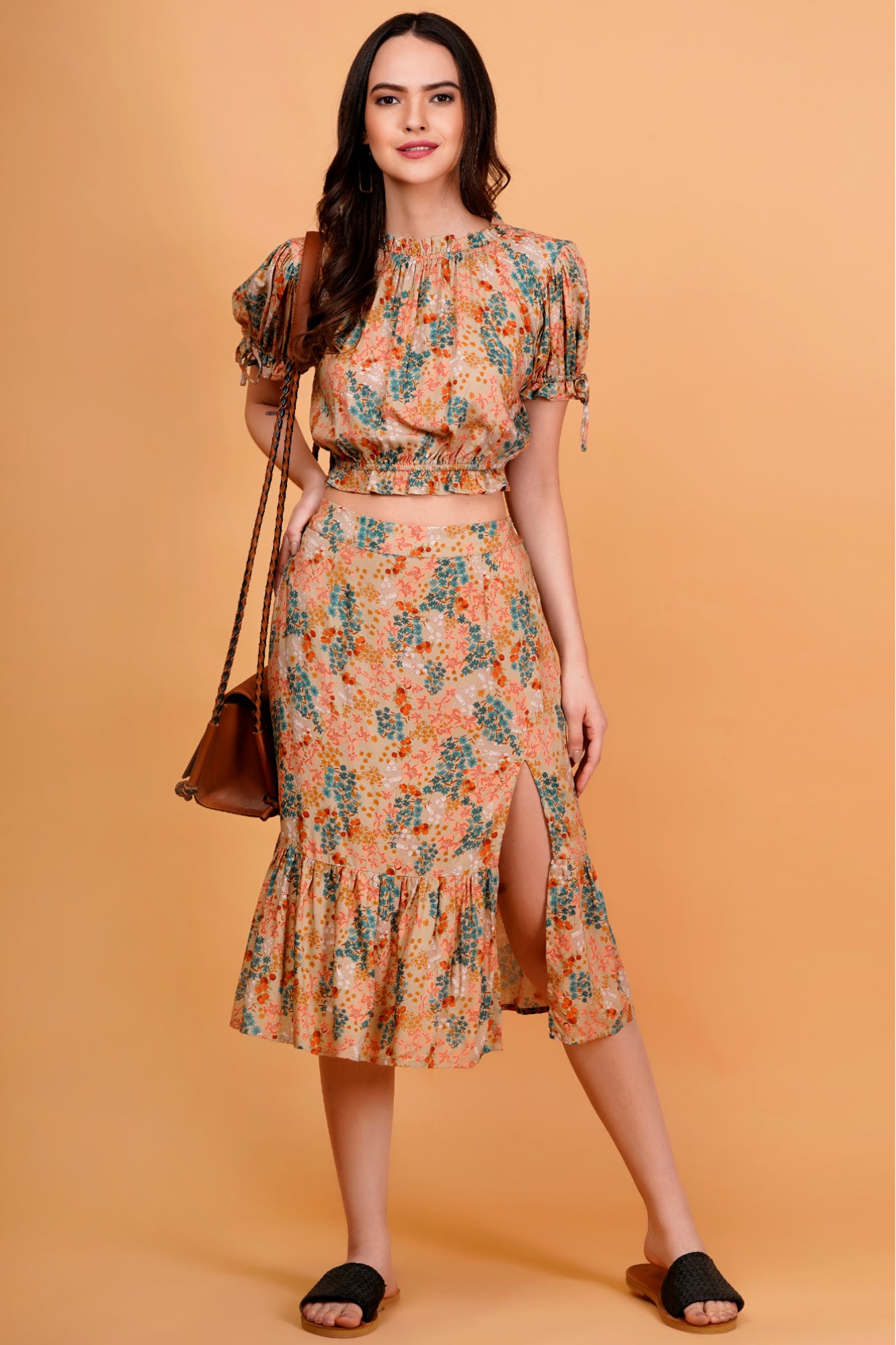 Sage Meadow Floral Printed Puff Sleeve Ruffle Crop Top