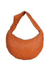 Half Moon Tan Leather Woven Shoulder Bag