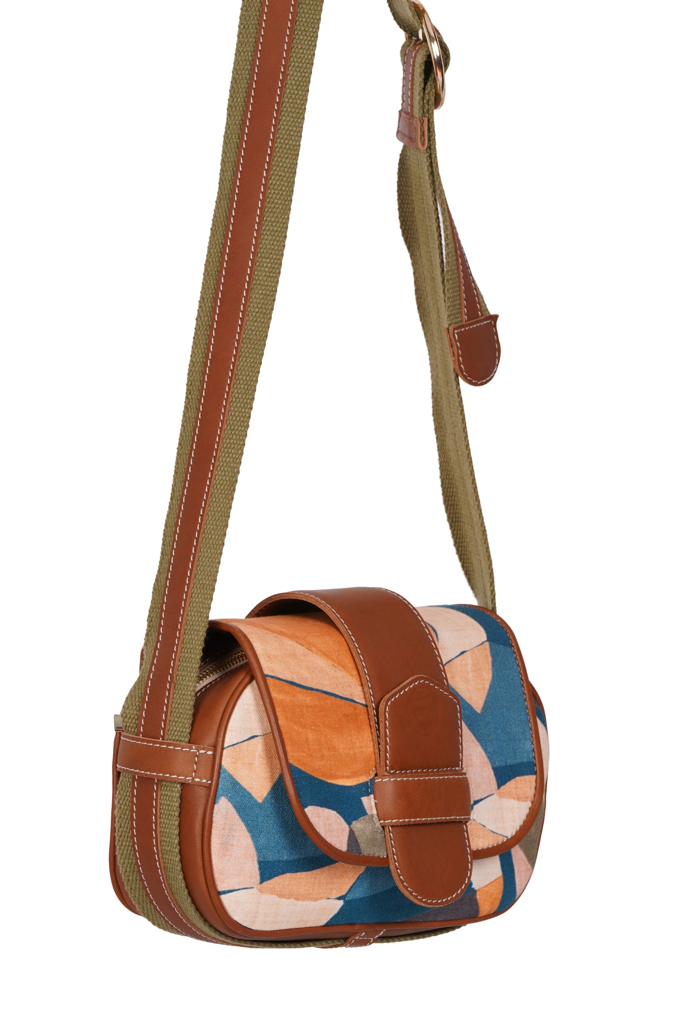 Surreal Citrus Printed Tan Leather Crossbody Bag