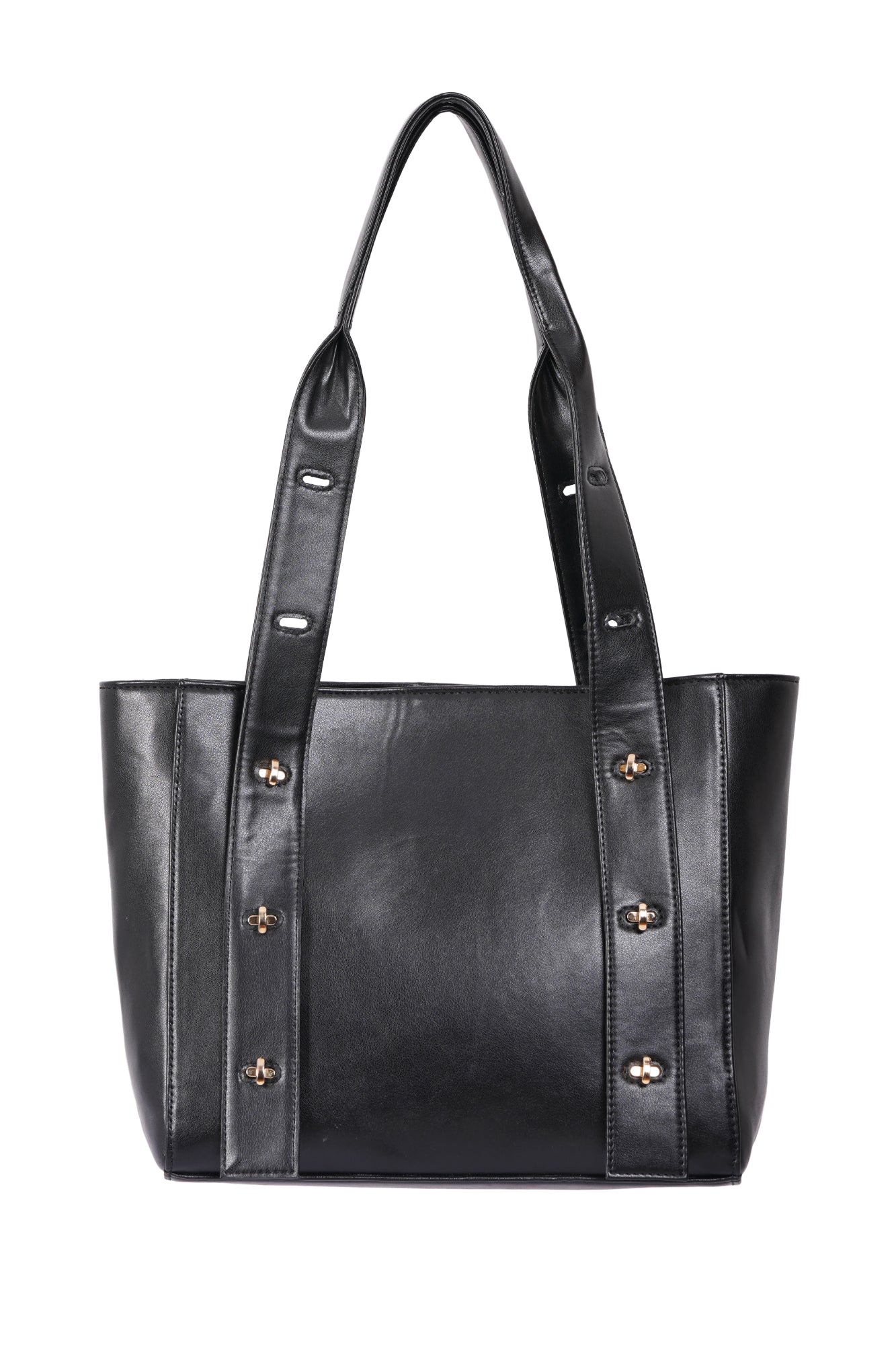 Multi Level Turn Lock Black Vegan Leather Tote Bag