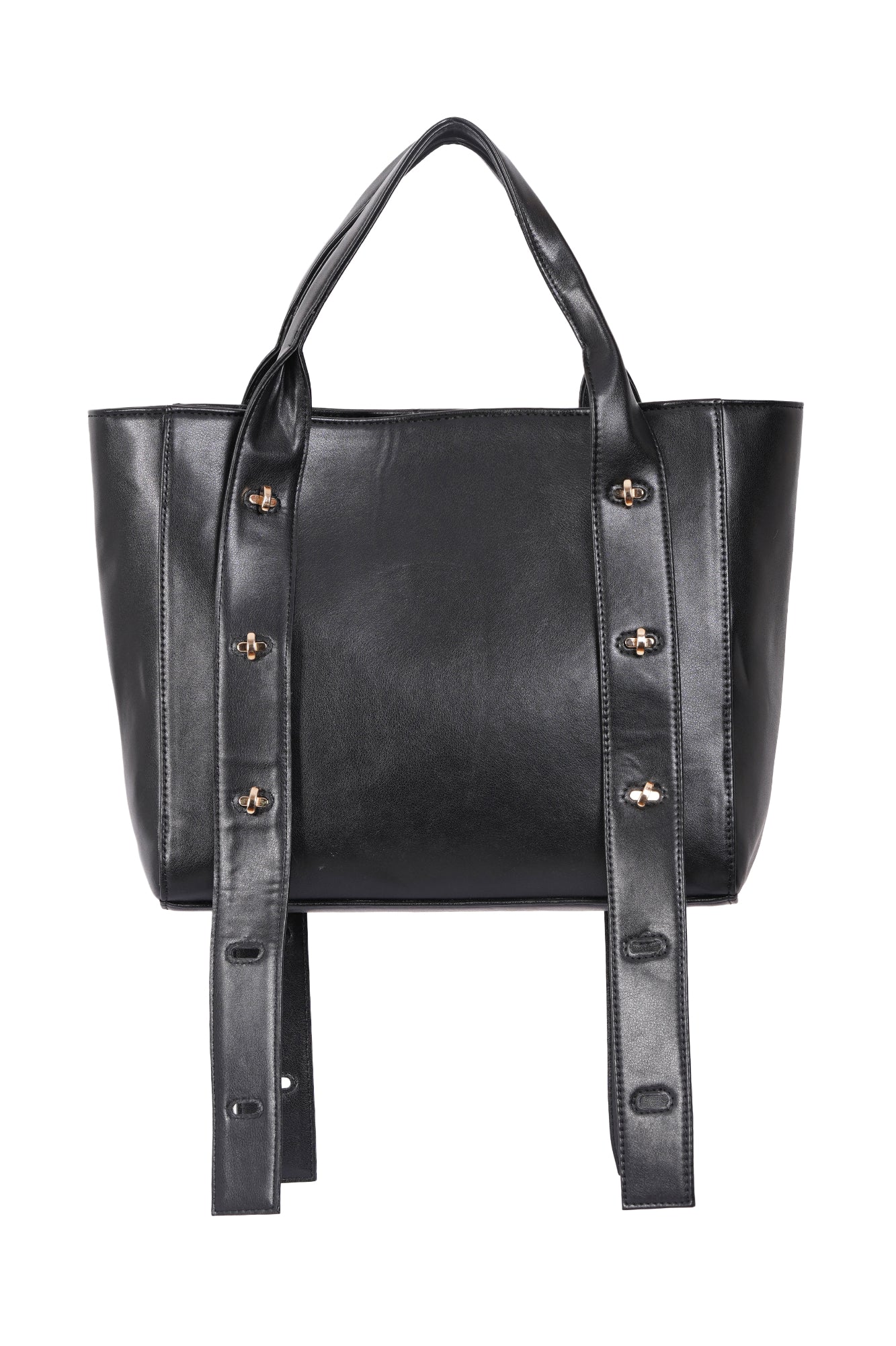 Multi Level Turn Lock Black Vegan Leather Tote Bag