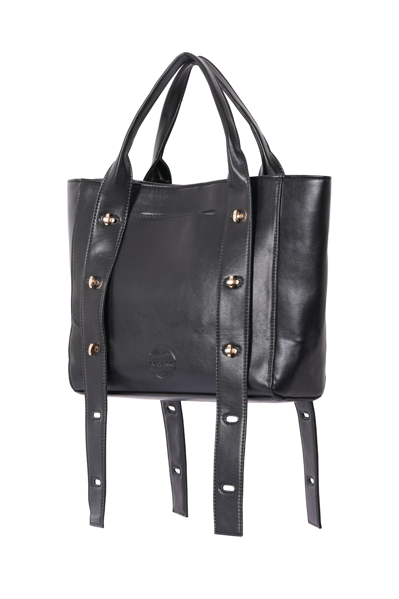 Multi Level Turn Lock Black Vegan Leather Tote Bag