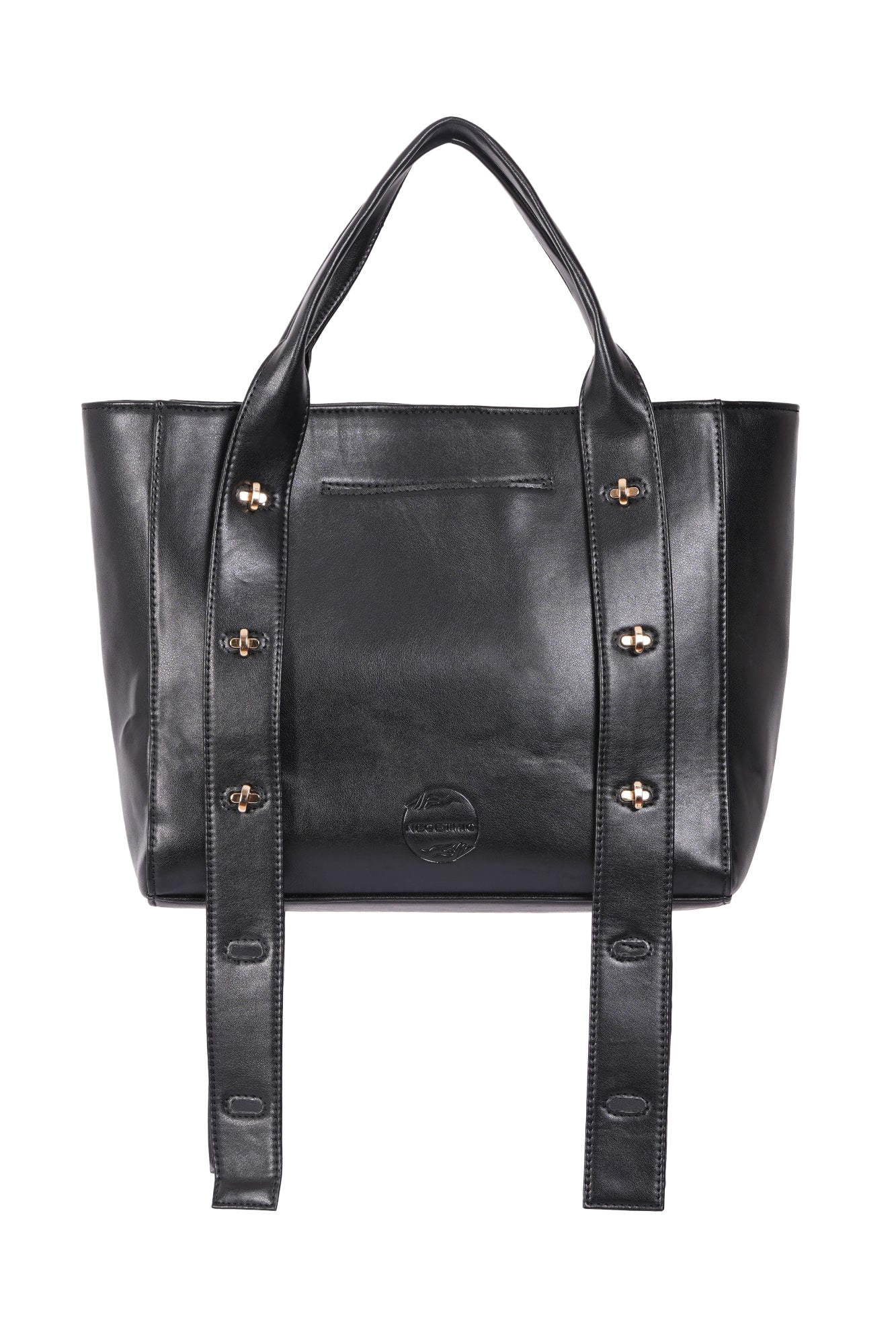 Multi Level Turn Lock Black Vegan Leather Tote Bag