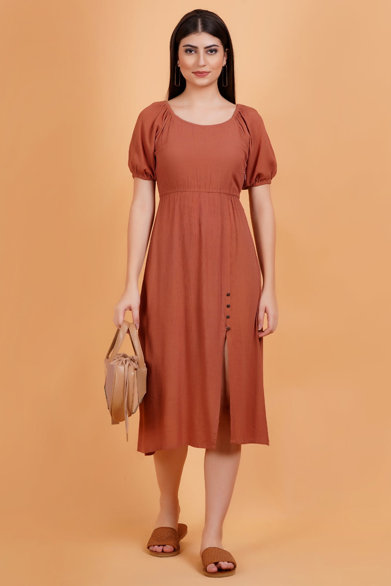 Terracotta Solid Crinkle Empire Midi Dress With Front Slit