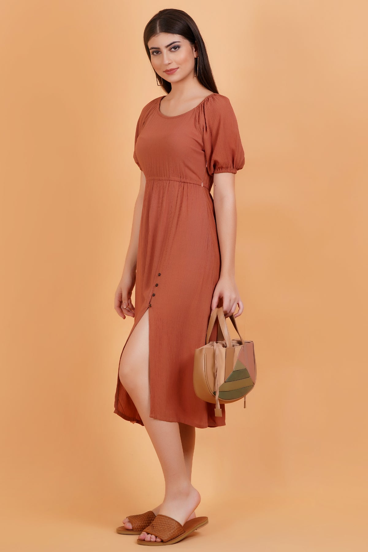 Terracotta Solid Crinkle Empire Midi Dress With Front Slit