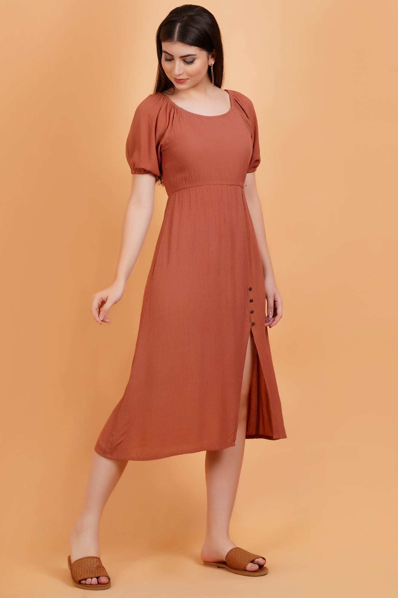 Terracotta Solid Crinkle Empire Midi Dress With Front Slit