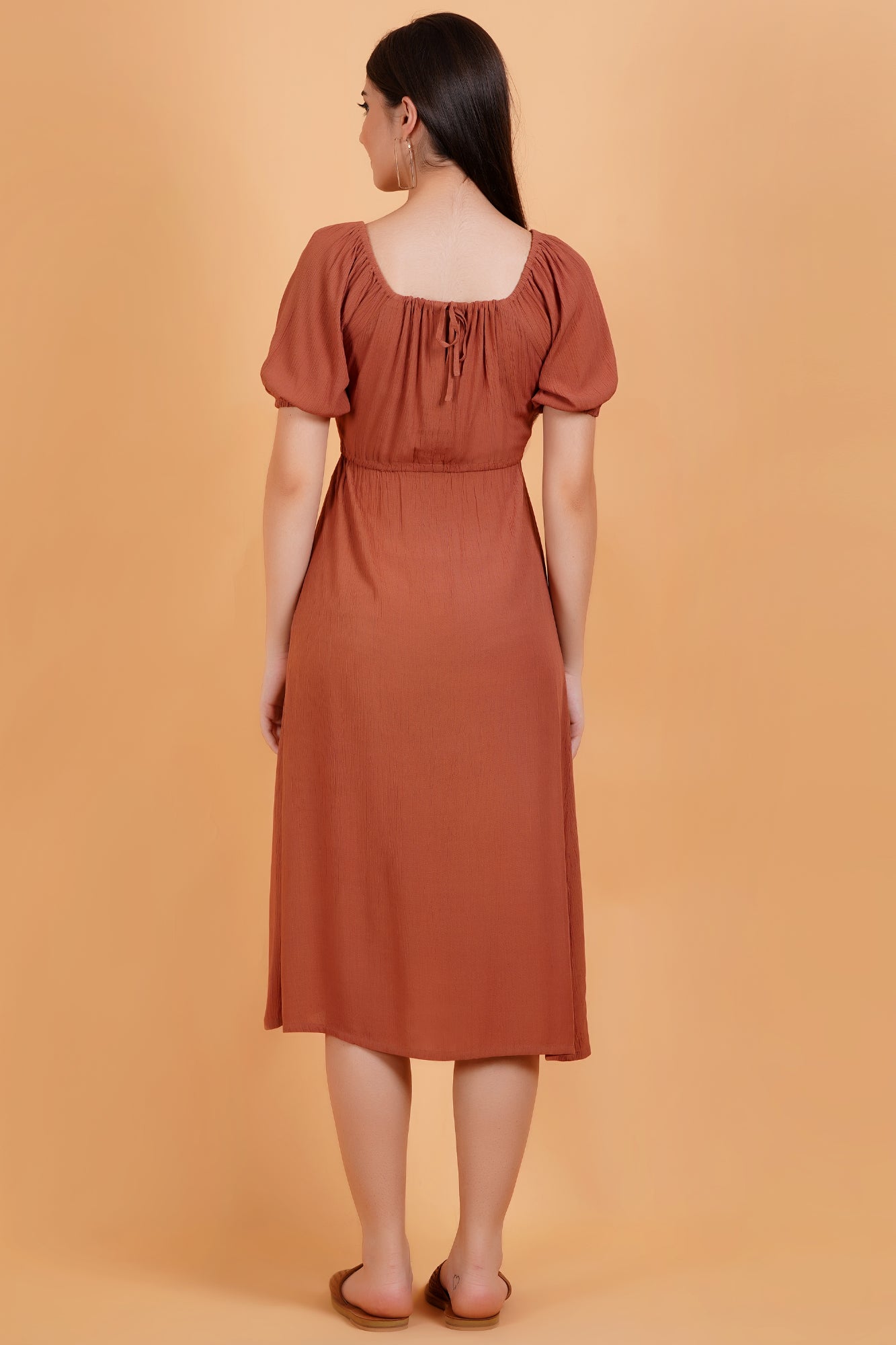 Terracotta Solid Crinkle Empire Midi Dress With Front Slit