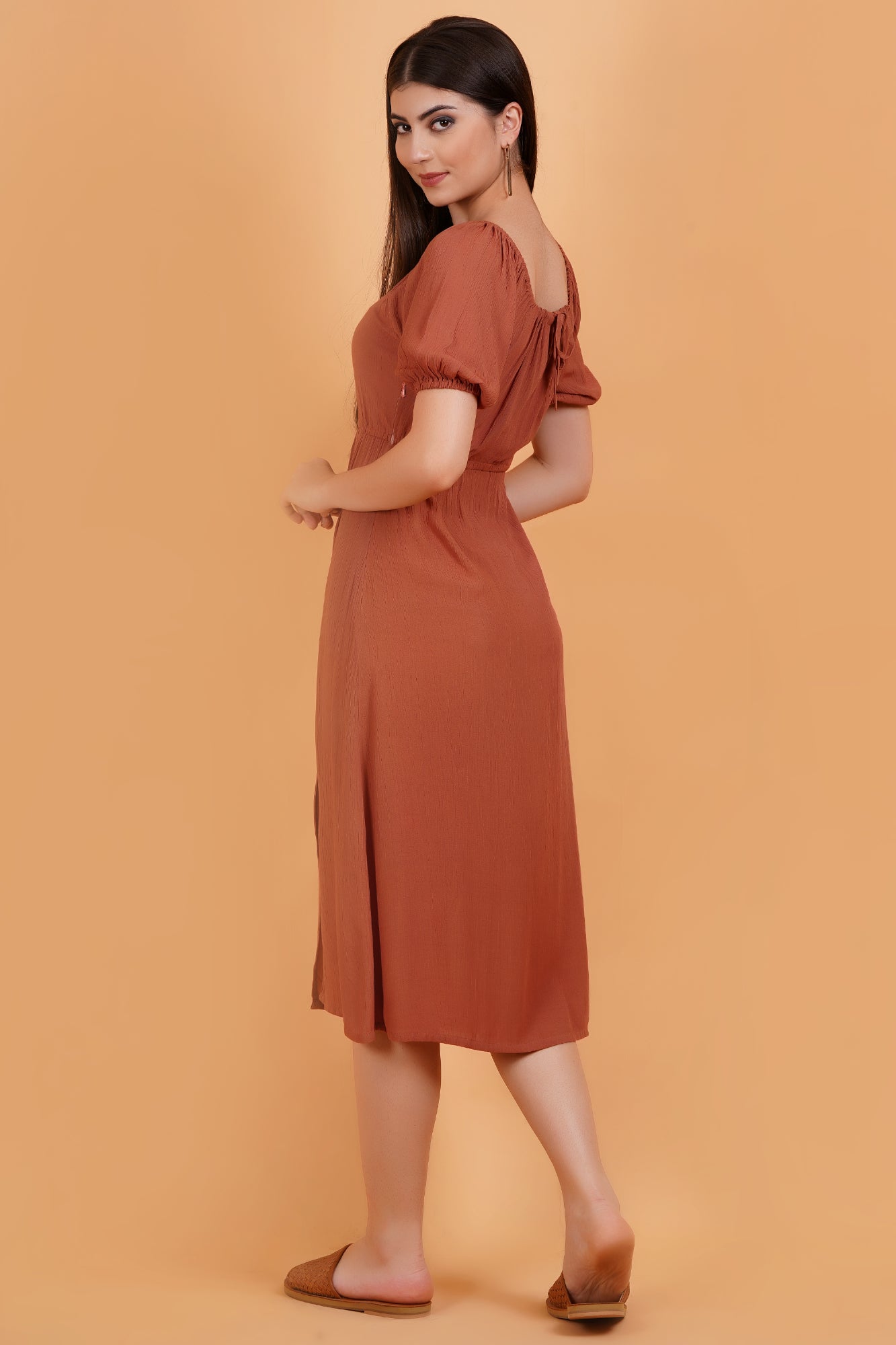 Terracotta Solid Crinkle Empire Midi Dress With Front Slit