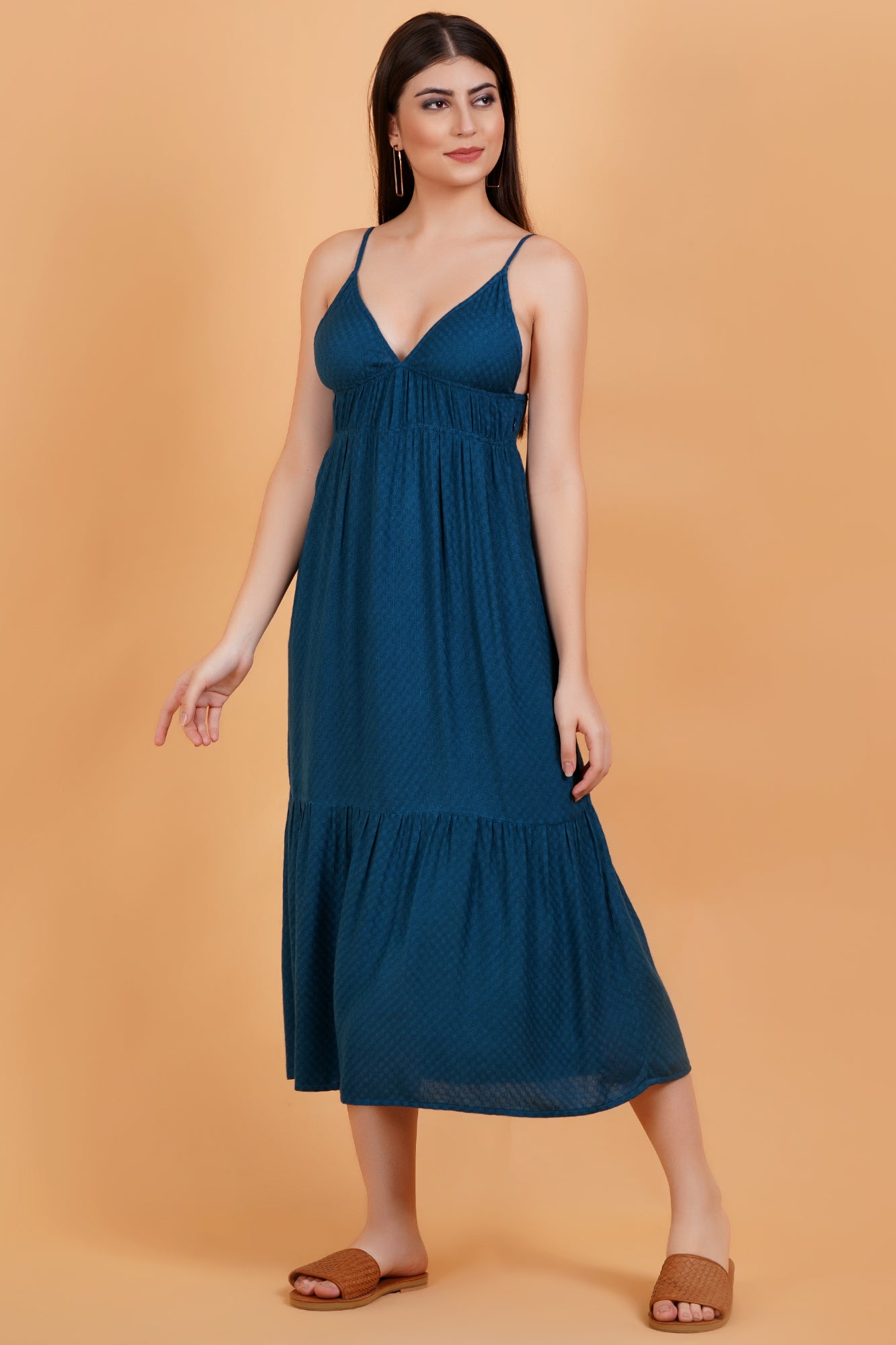 Teal Solid Self Design V-Neck Strappy Maxi Dress