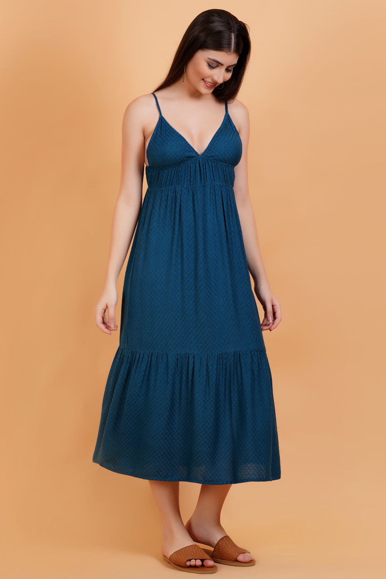 Teal Solid Self Design V-Neck Strappy Maxi Dress