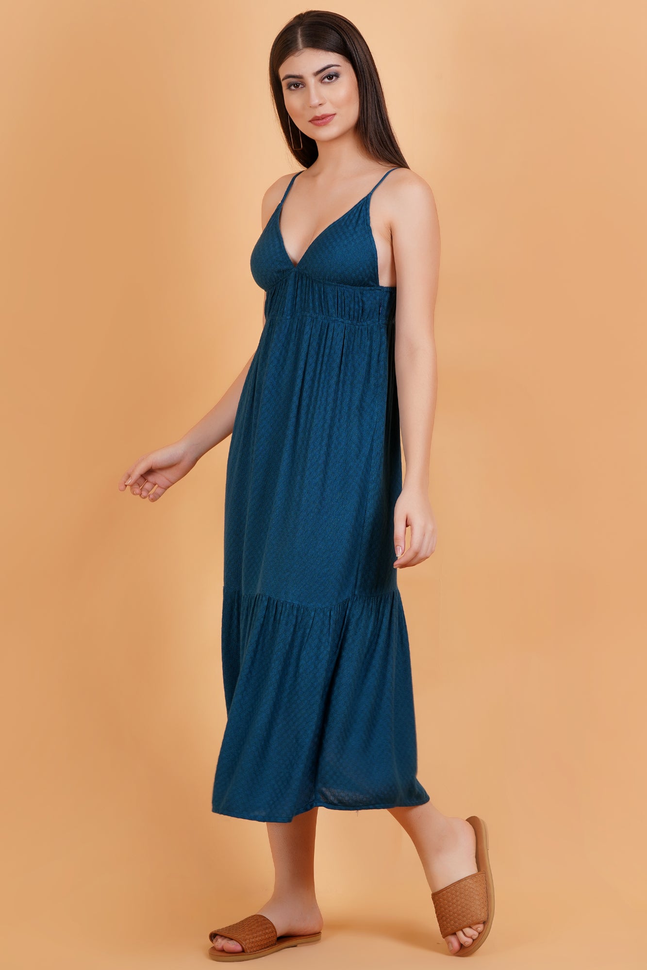 Teal Solid Self Design V-Neck Strappy Maxi Dress