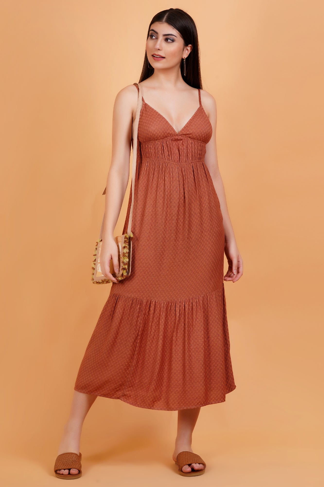 Terracotta Solid Self Design V-Neck Strappy Maxi Dress Image