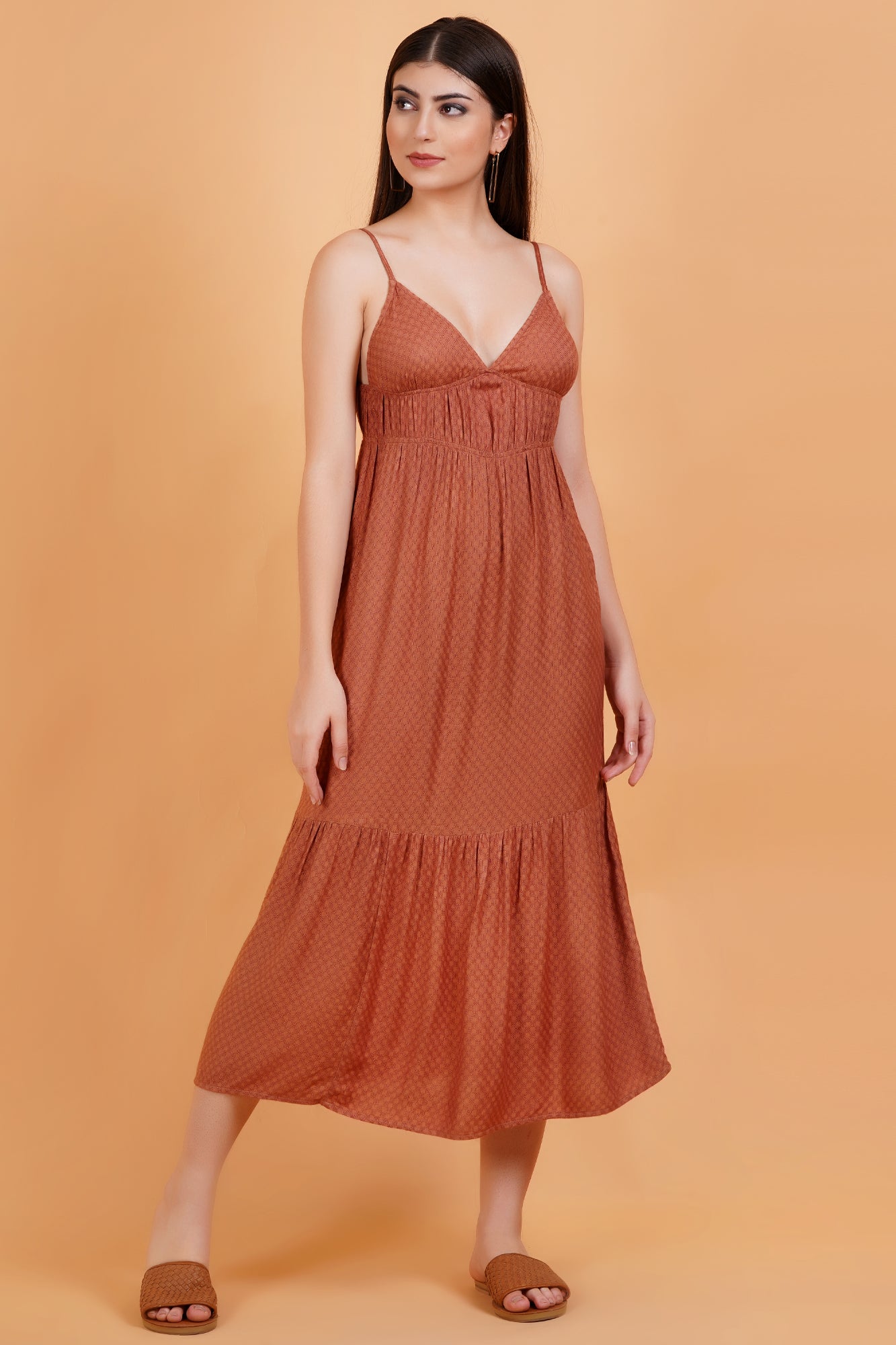 Terracotta Solid Self Design V-Neck Strappy Maxi Dress Image