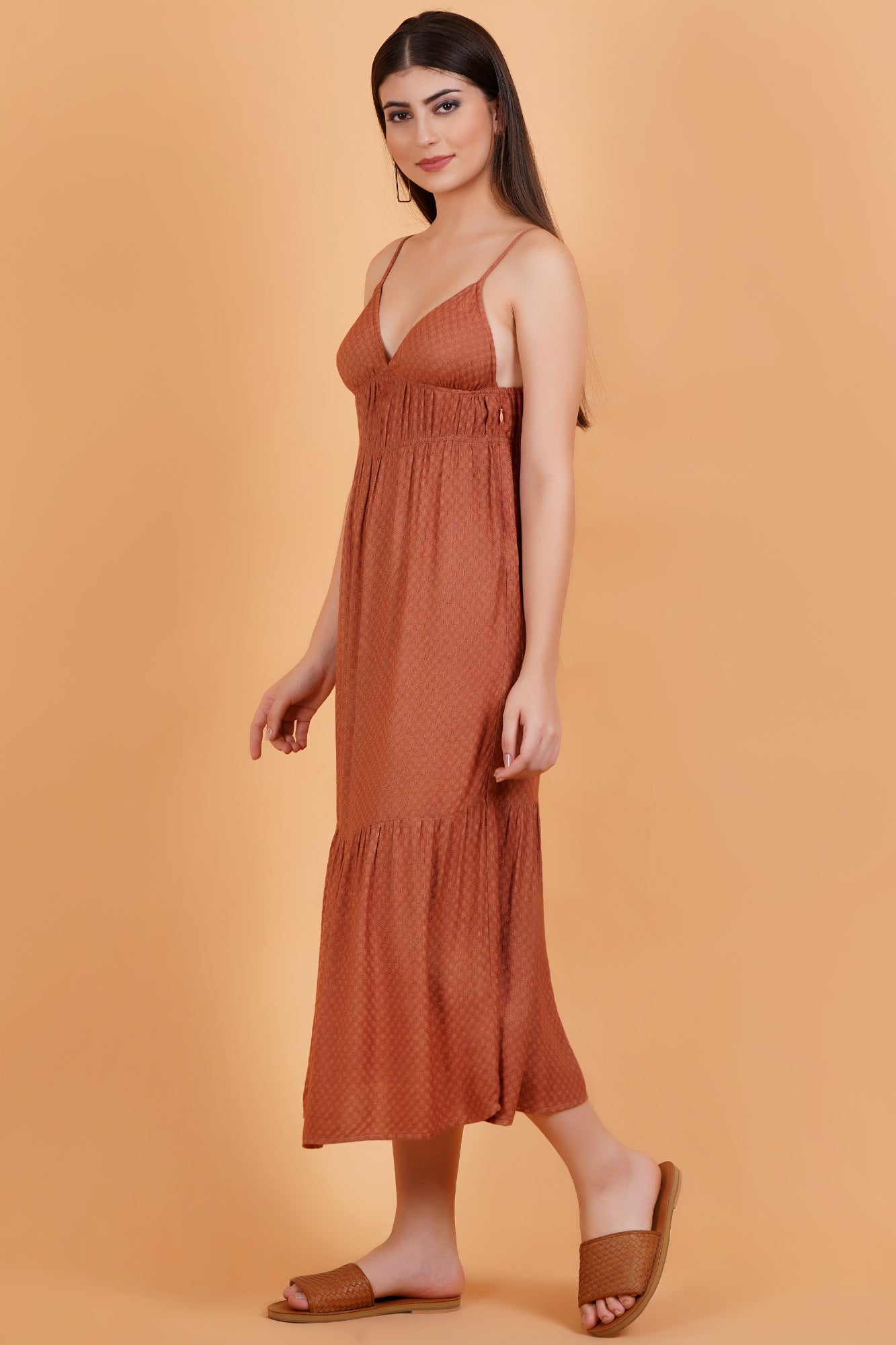 Terracotta Solid Self Design V-Neck Strappy Maxi Dress Image