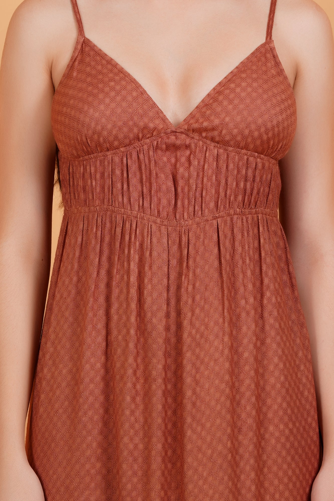 Terracotta Solid Self Design V-Neck Strappy Maxi Dress Image