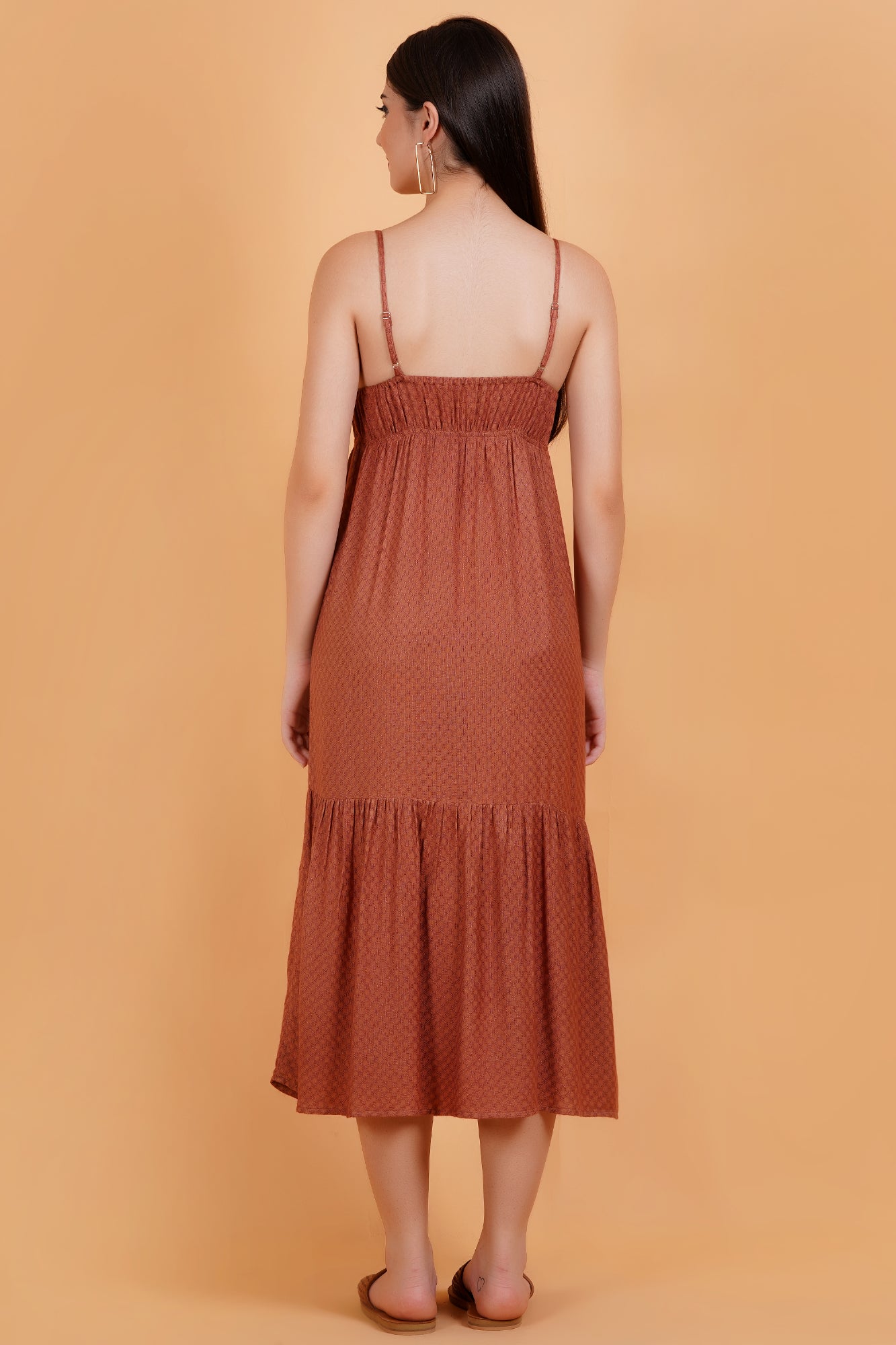 Terracotta Solid Self Design V-Neck Strappy Maxi Dress Image