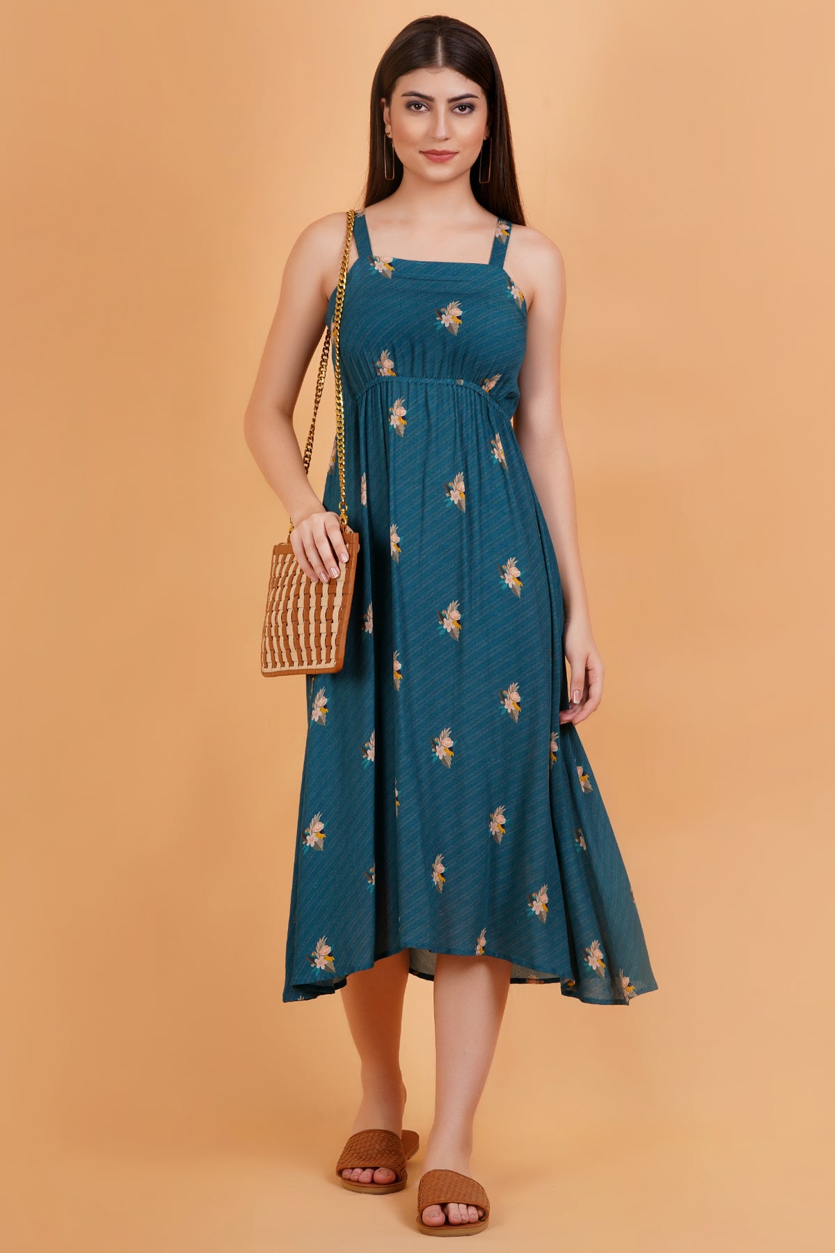 Teal Botanica Printed Strappy Cinched Back Maxi Dress