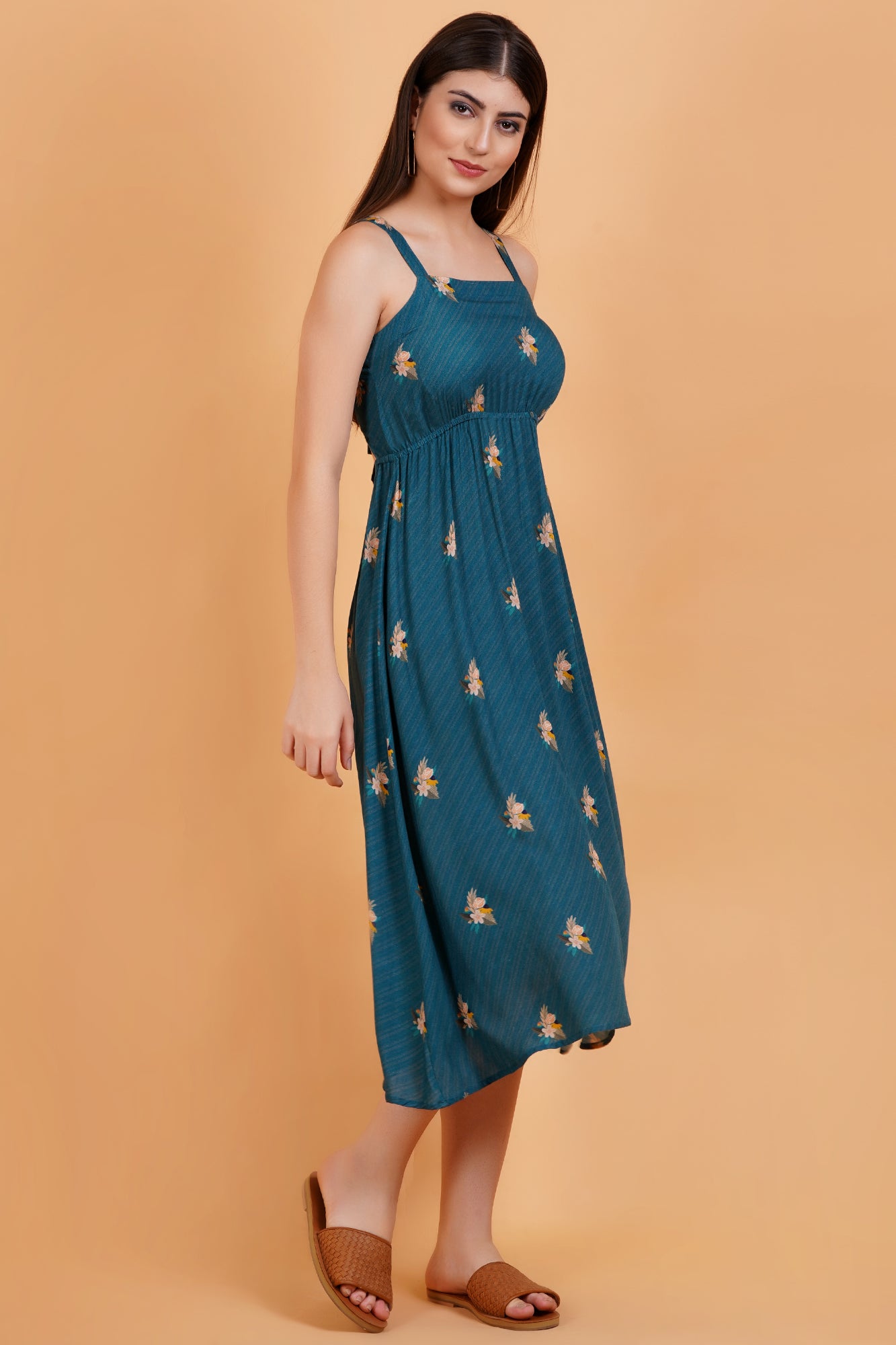 Teal Botanica Printed Strappy Cinched Back Maxi Dress