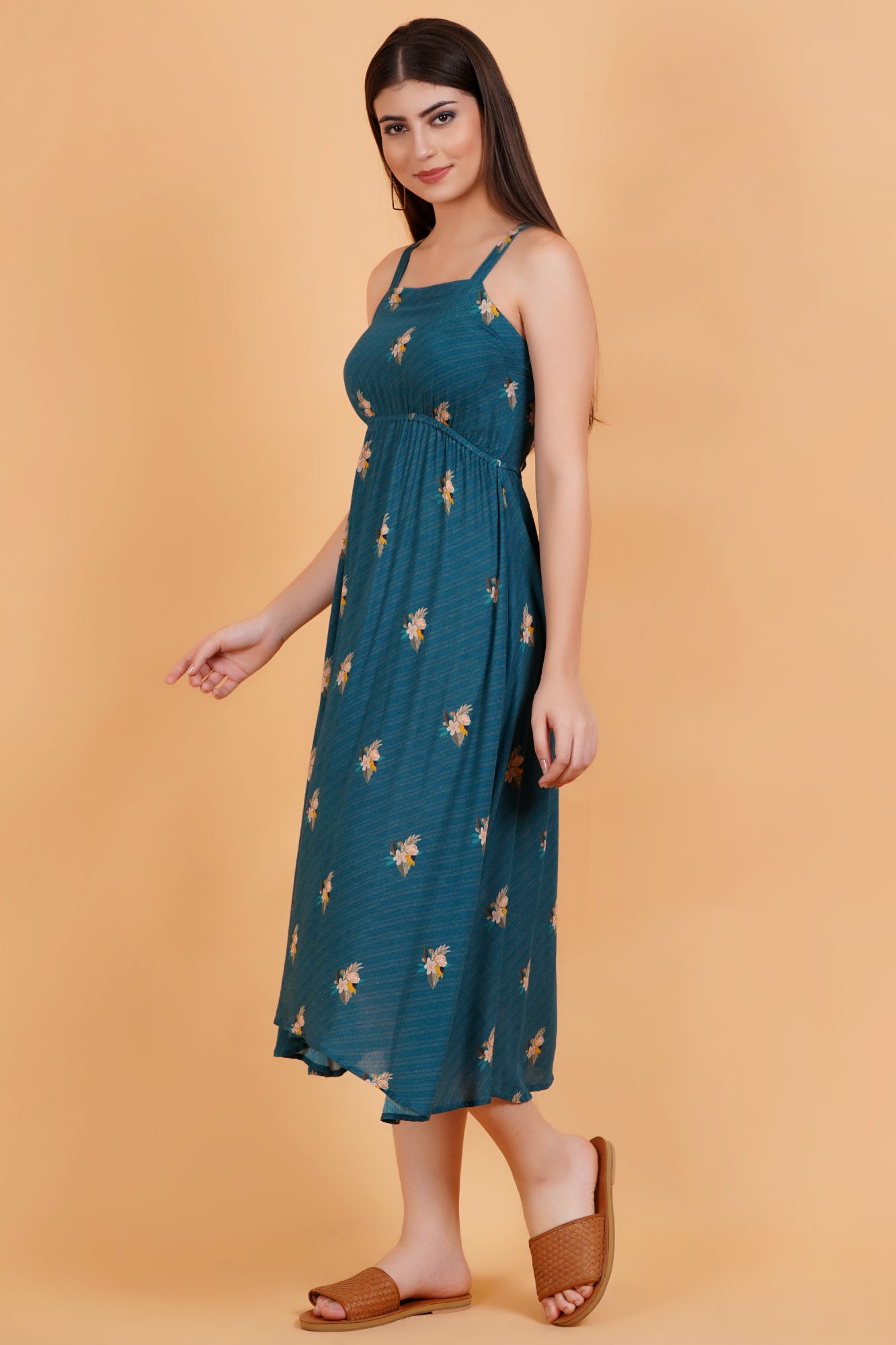 Teal Botanica Printed Strappy Cinched Back Maxi Dress