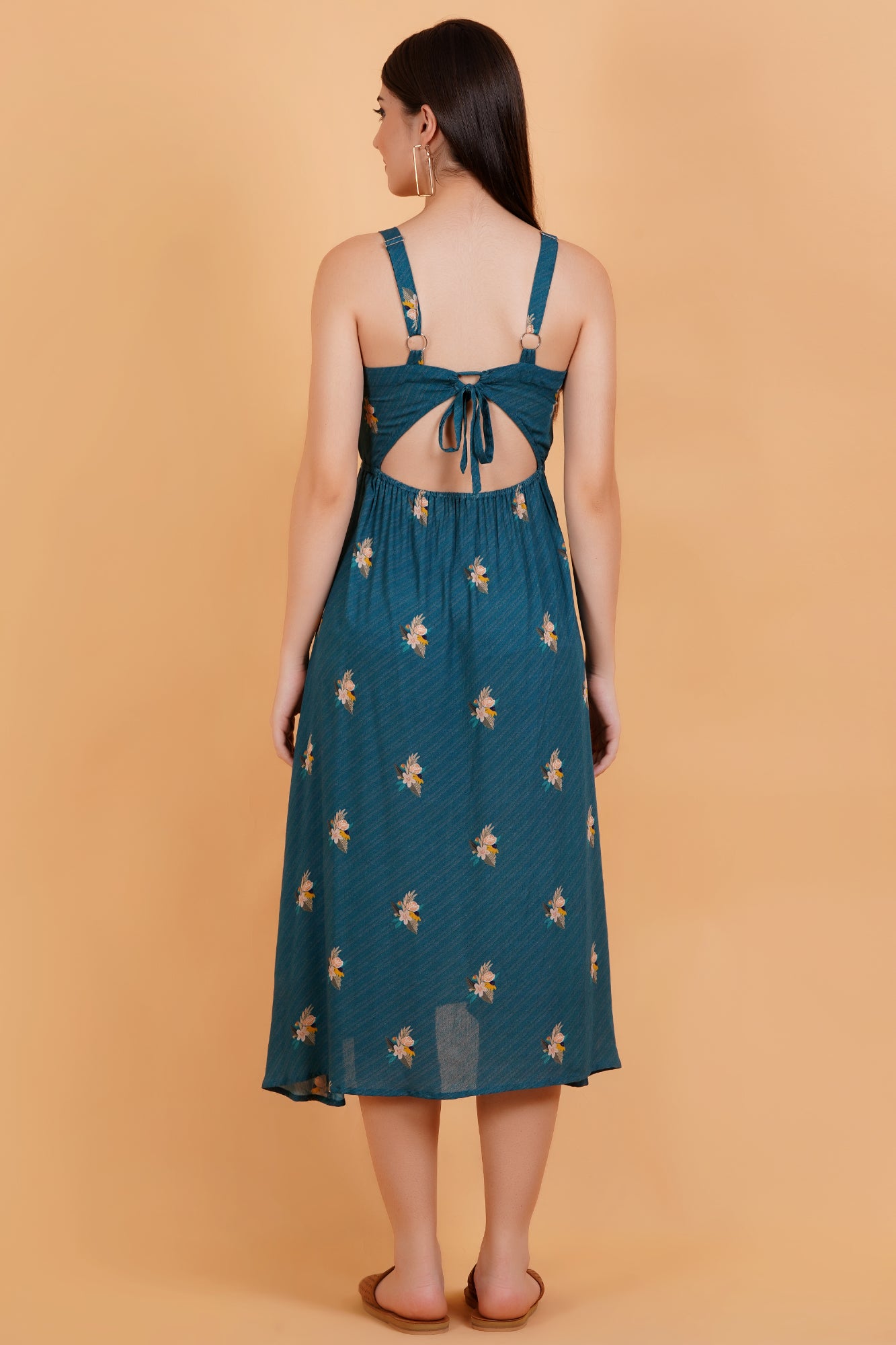 Teal Botanica Printed Strappy Cinched Back Maxi Dress