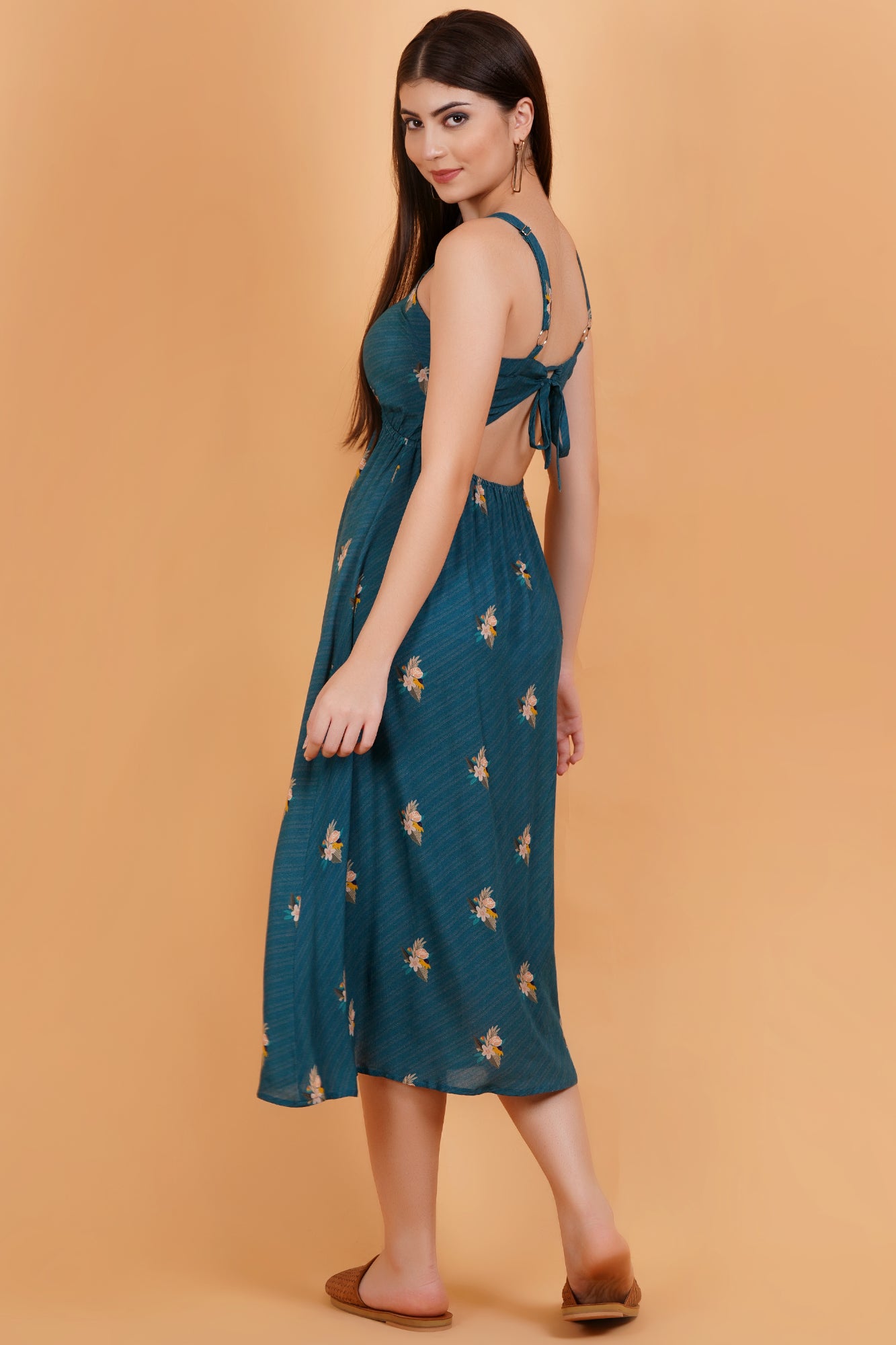 Teal Botanica Printed Strappy Cinched Back Maxi Dress