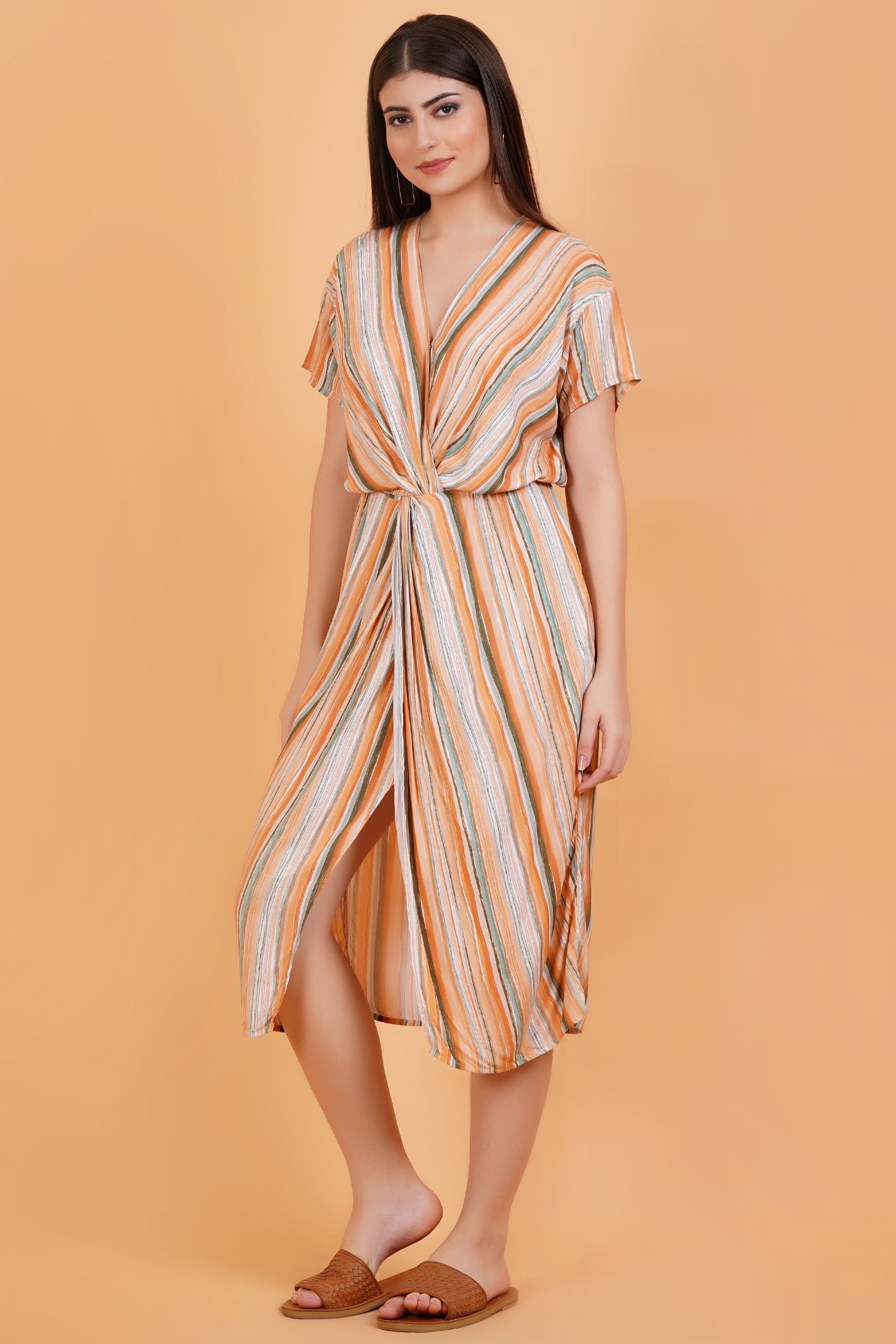 Rustic Streaks Printed Twist Midi Dress