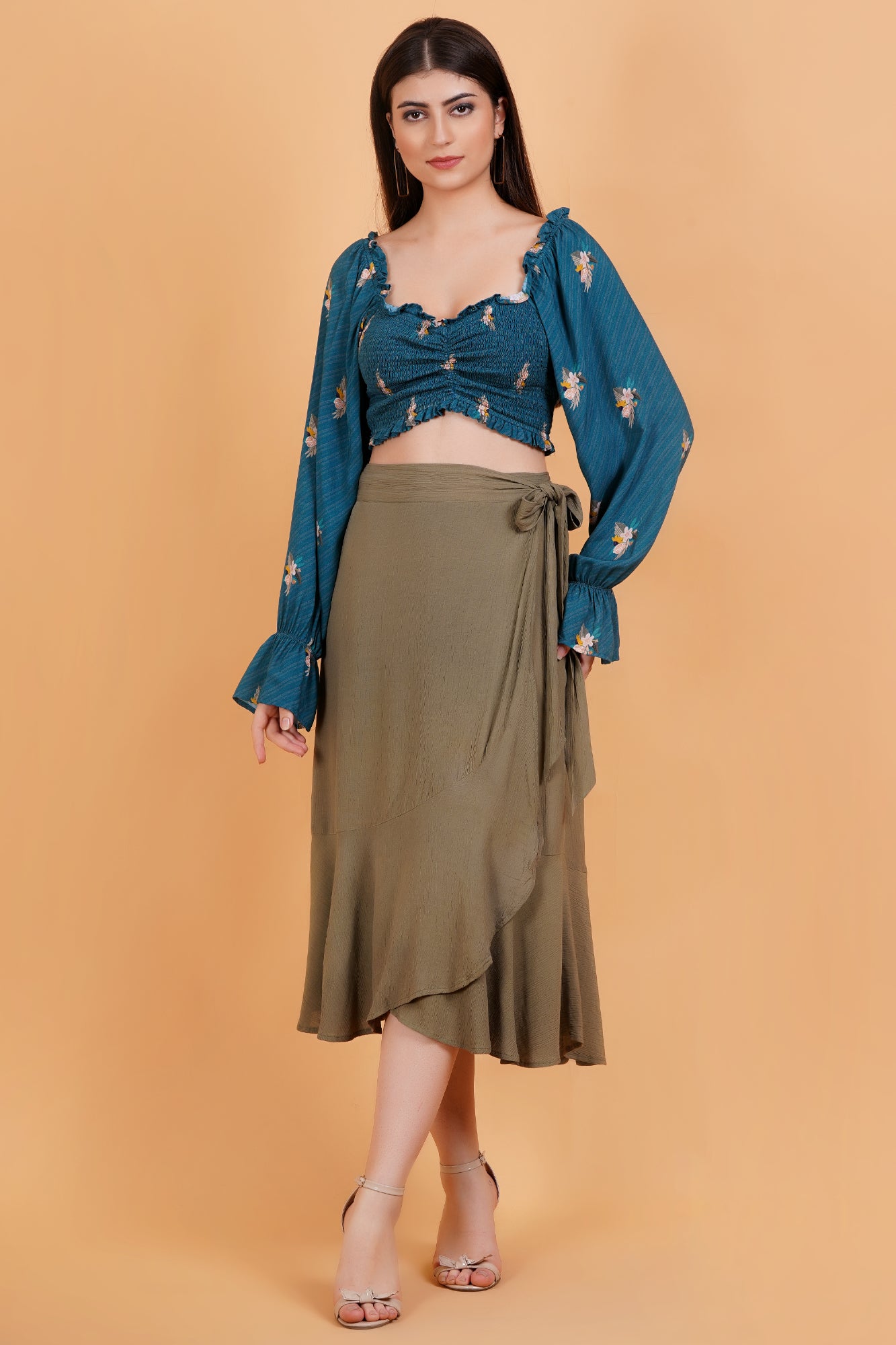 Olive Solid Crinkle Ruffle Hem Wrap Skirt