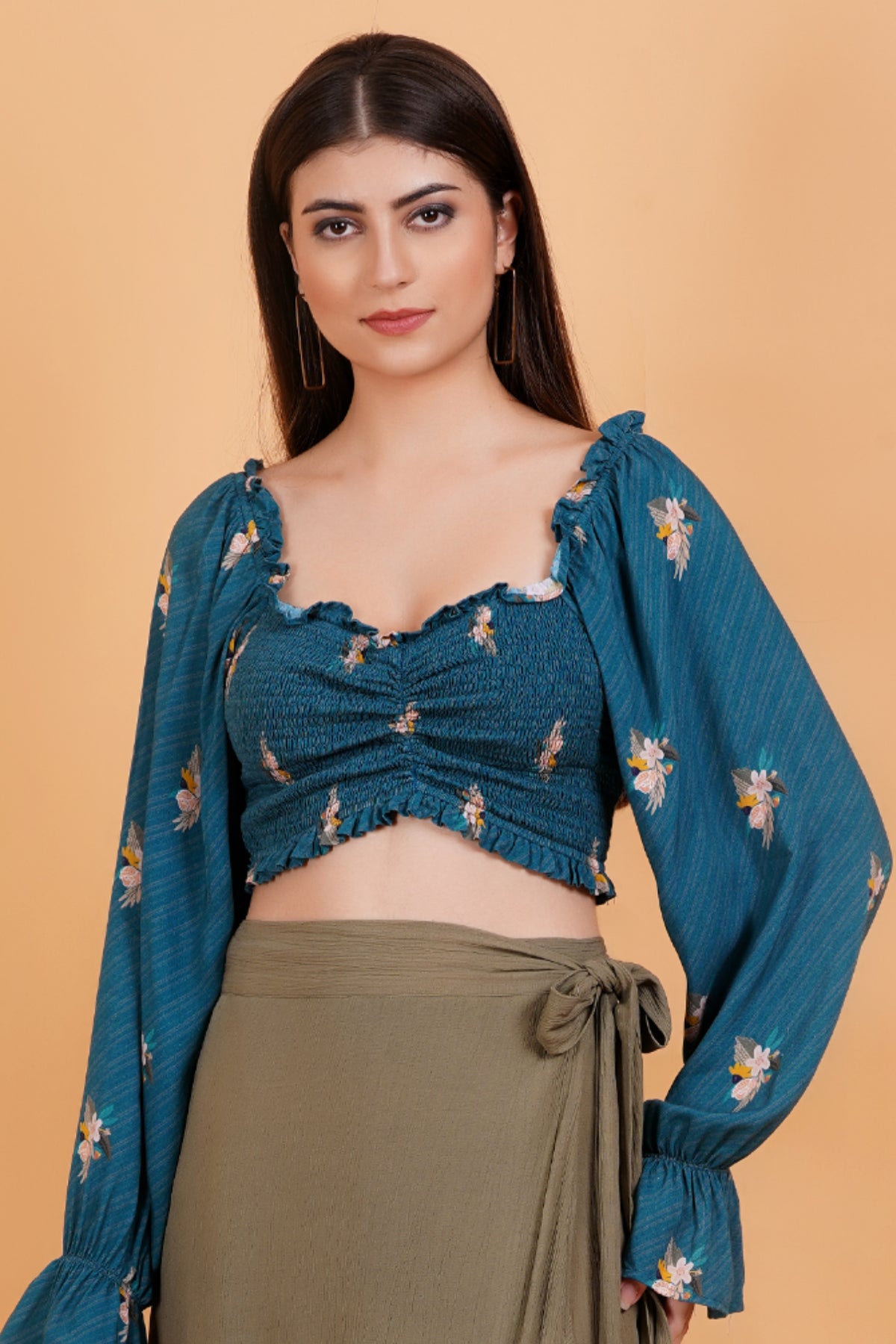 Teal Botanica Printed Front Ruched Smocked Full Sleeves Top