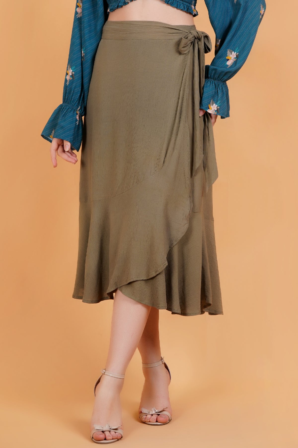 Olive Solid Crinkle Ruffle Hem Wrap Skirt