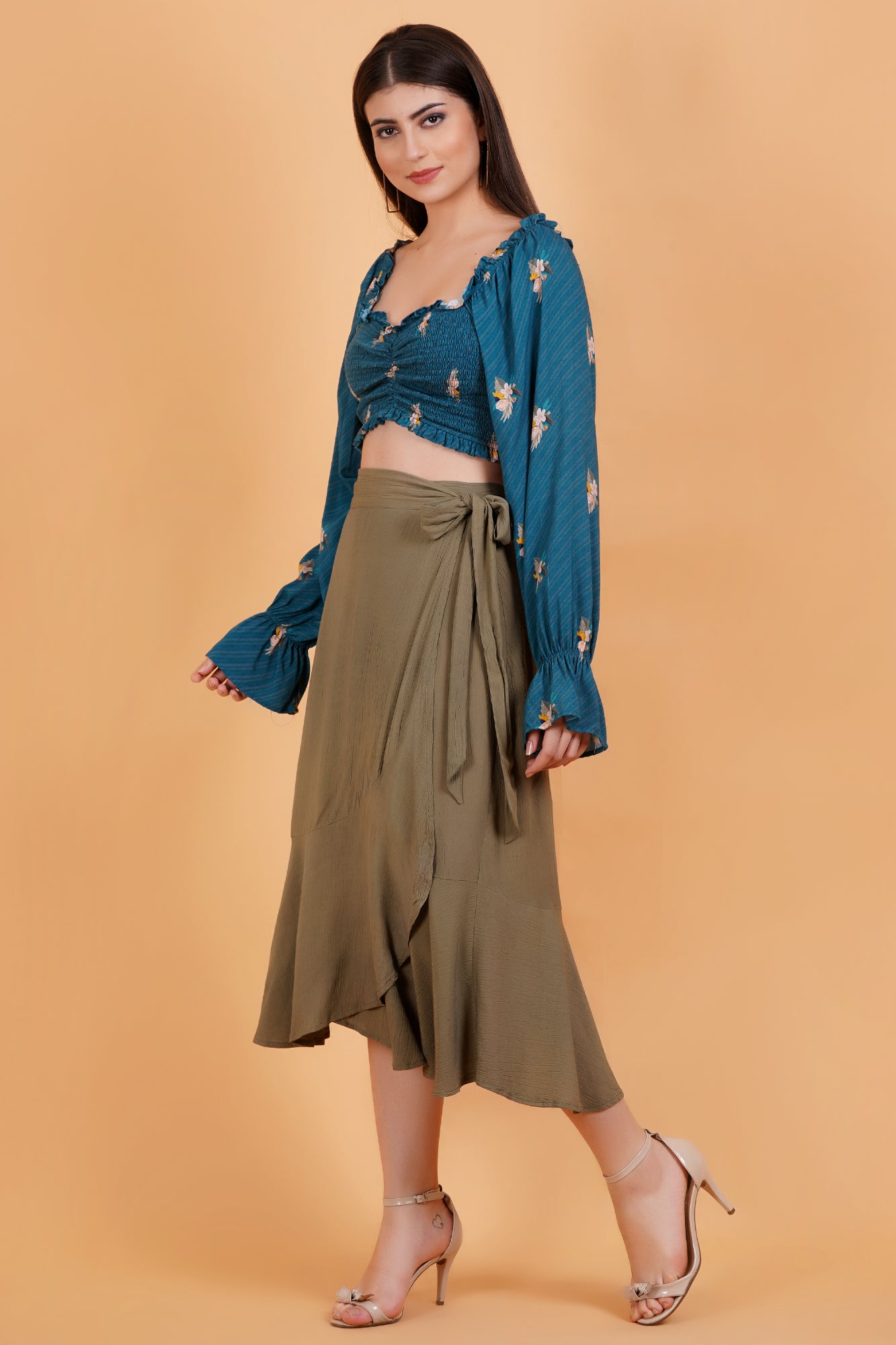 Olive Solid Crinkle Ruffle Hem Wrap Skirt