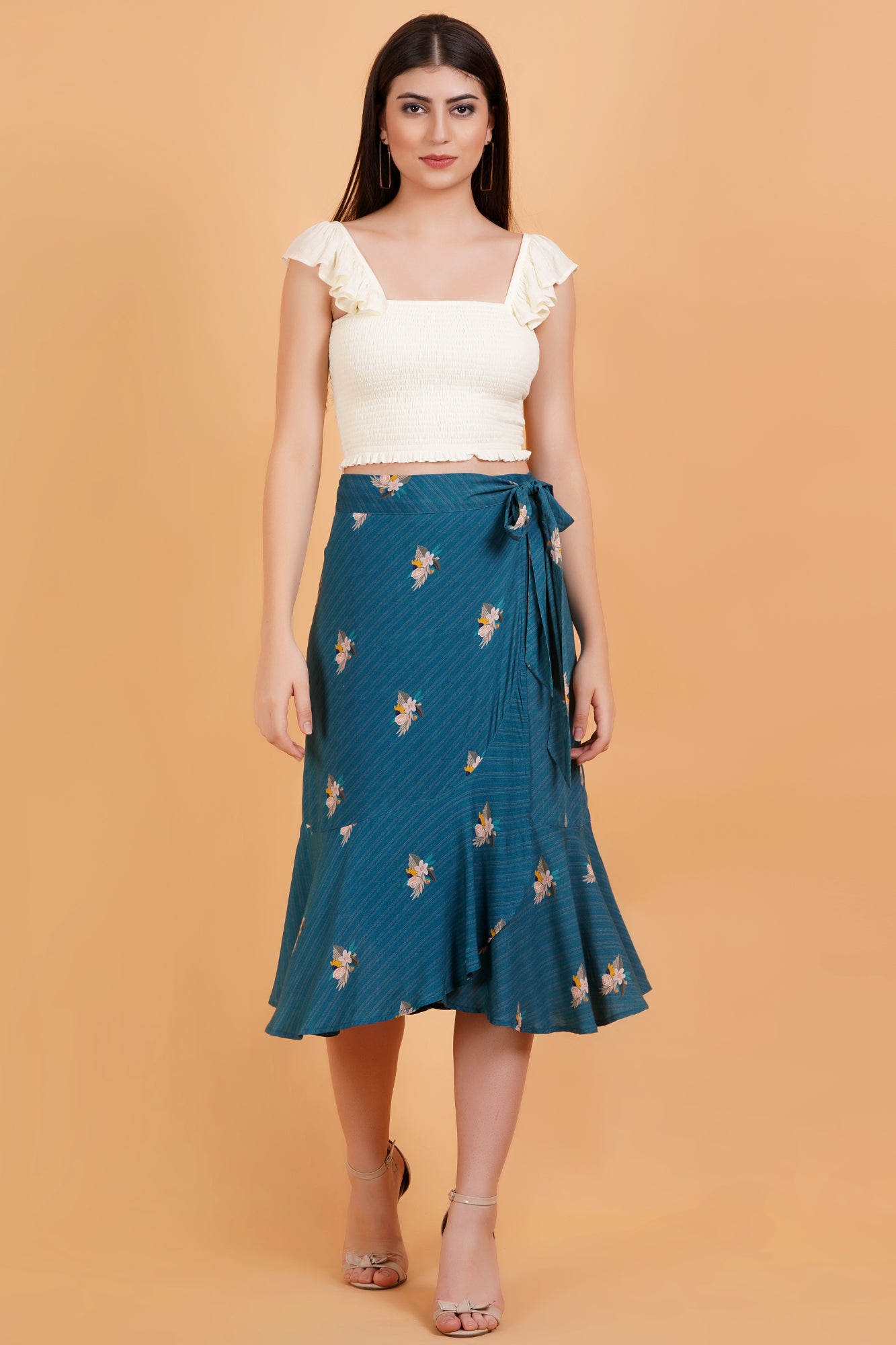 Teal Botanica Printed Ruffle Hem Wrap Skirt