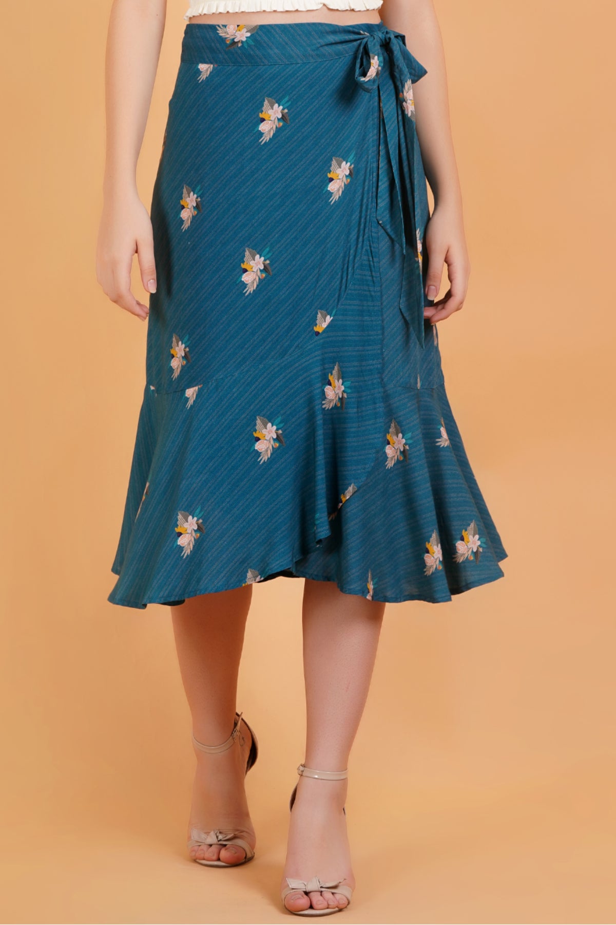 Teal Botanica Printed Ruffle Hem Wrap Skirt