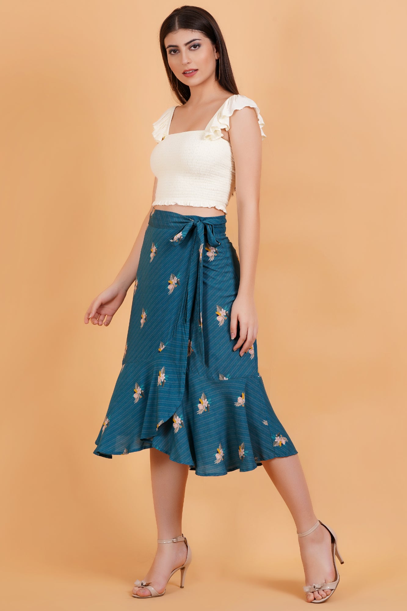 Teal Botanica Printed Ruffle Hem Wrap Skirt