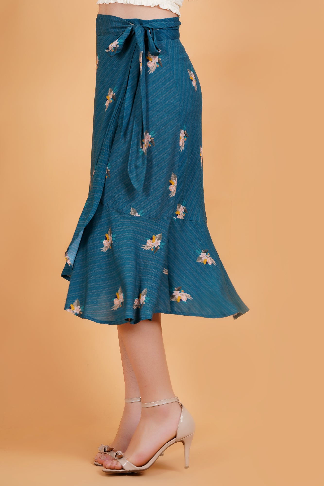 Teal Botanica Printed Ruffle Hem Wrap Skirt