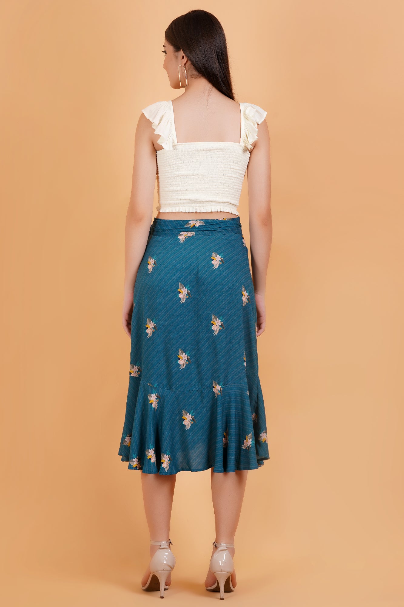 Teal Botanica Printed Ruffle Hem Wrap Skirt