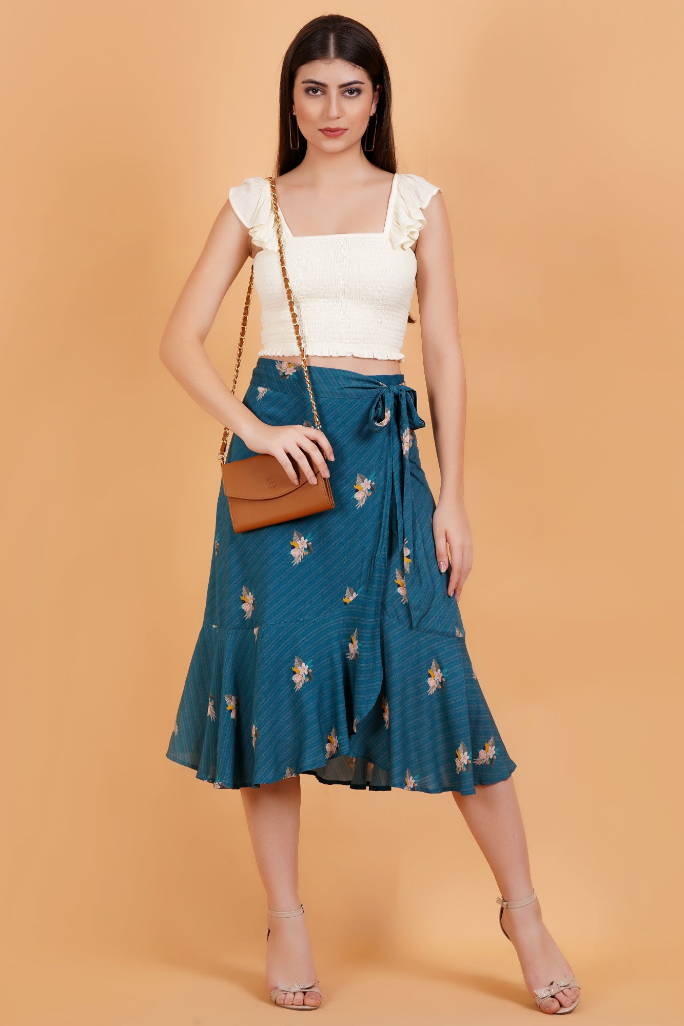 Teal Botanica Printed Ruffle Hem Wrap Skirt