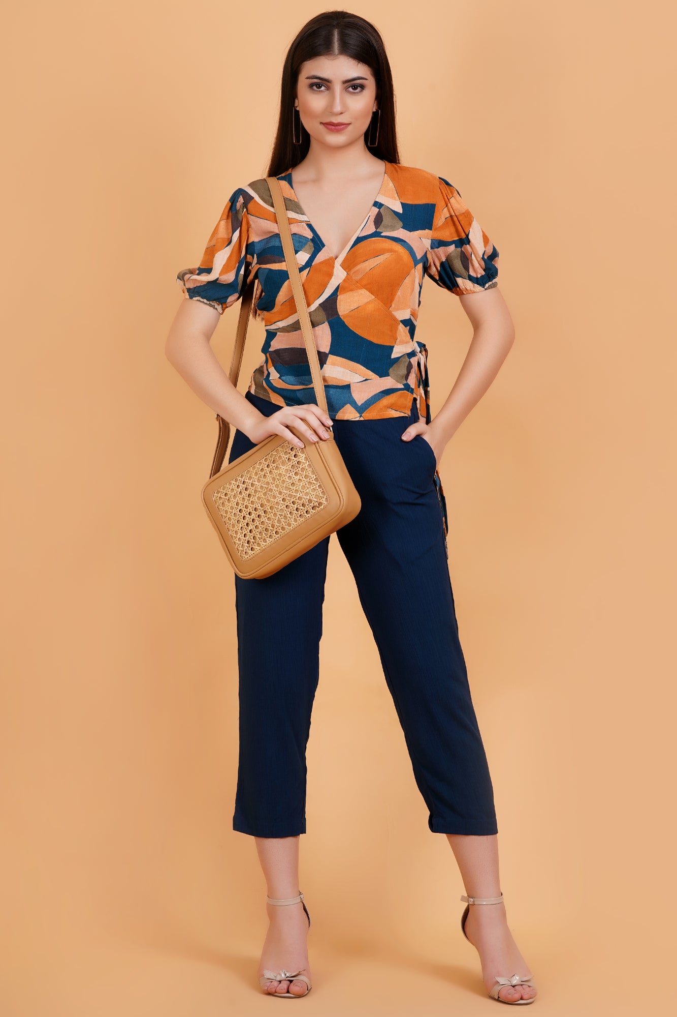 Surreal Citrus Printed Short Sleeve Wrap Top