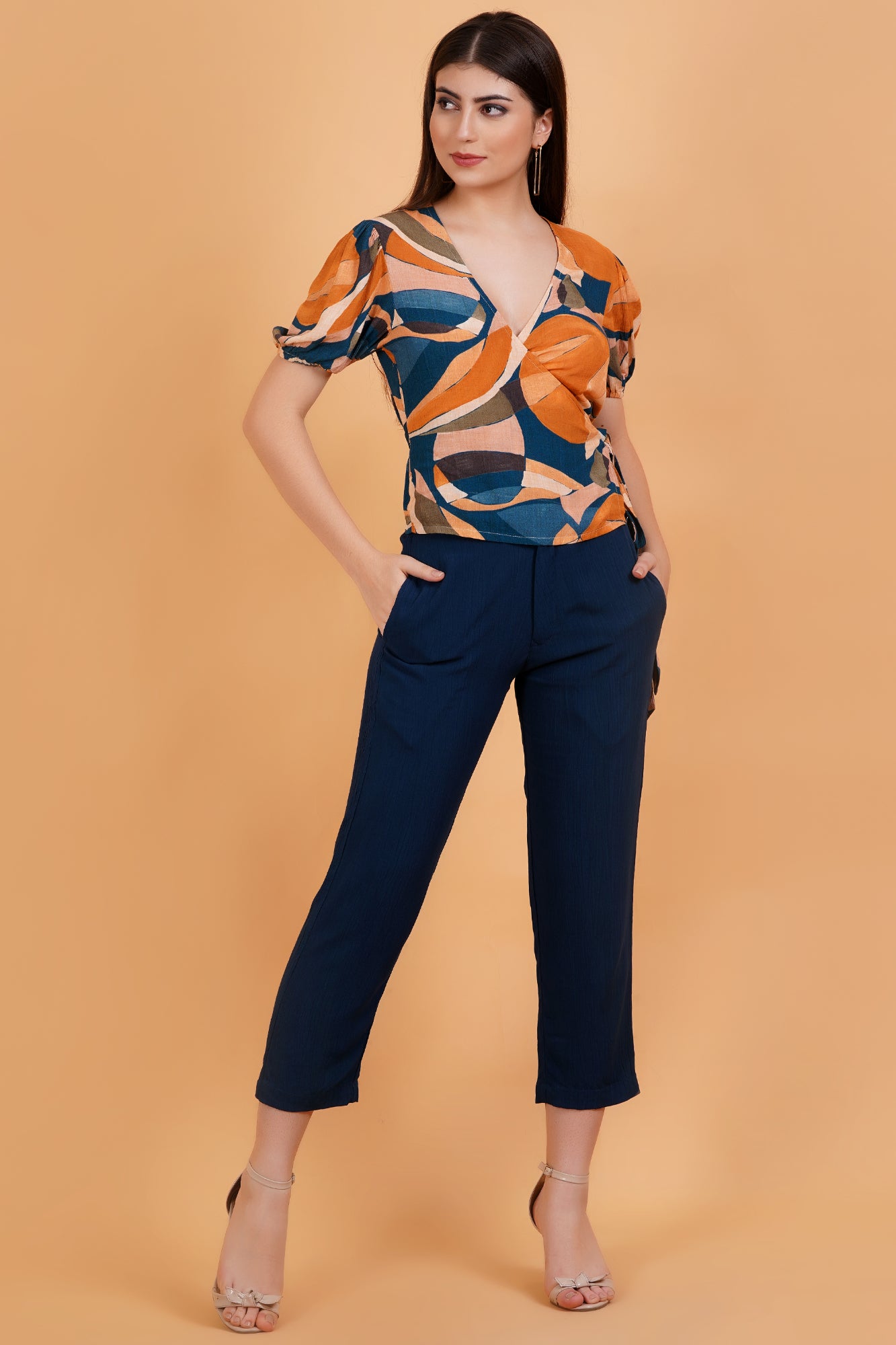 Surreal Citrus Printed Short Sleeve Wrap Top