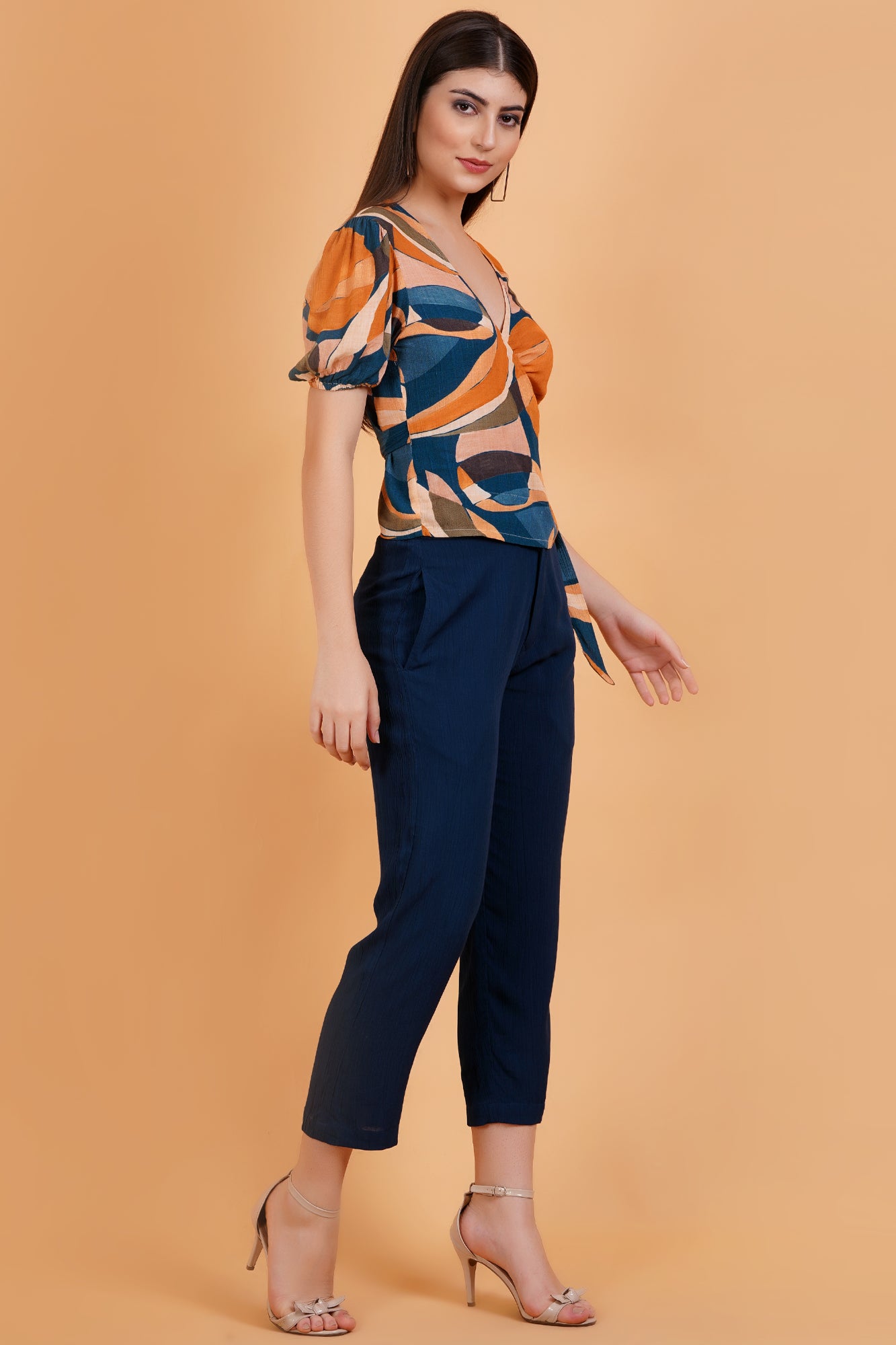 Surreal Citrus Printed Short Sleeve Wrap Top