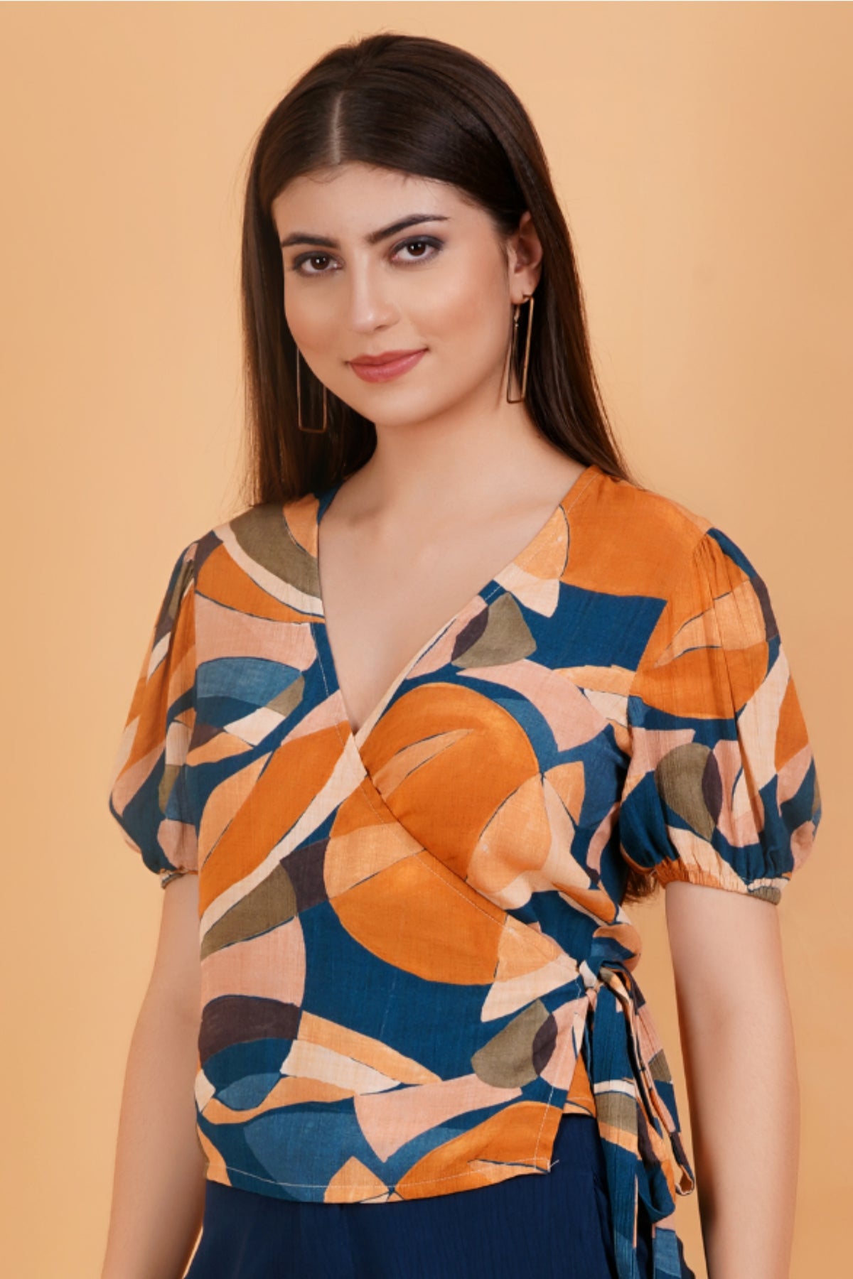 Surreal Citrus Printed Short Sleeve Wrap Top