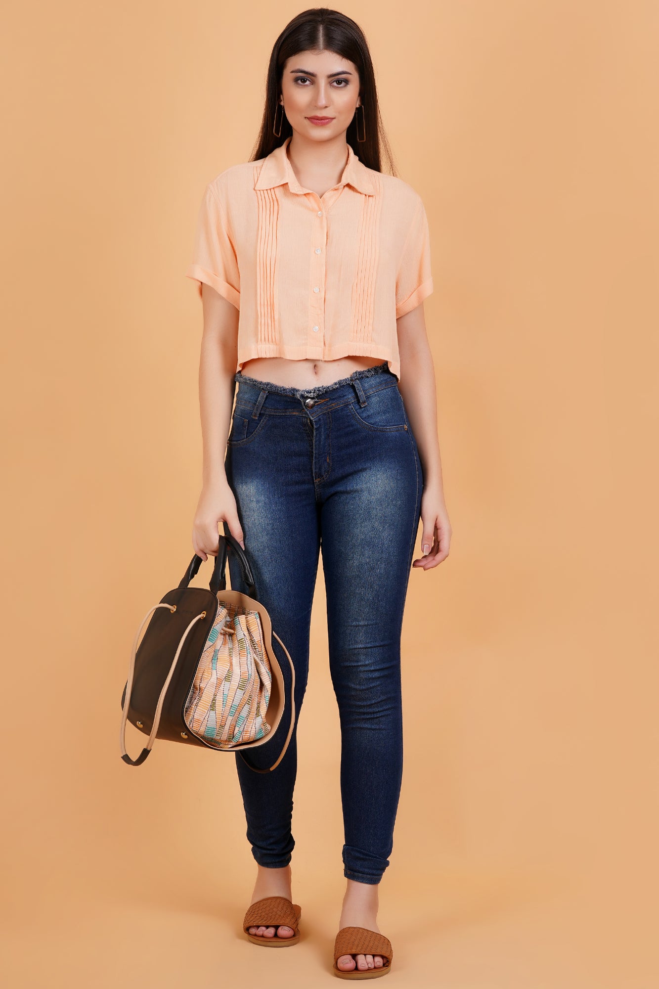 Peach Solid Crinkle Pintucks Crop Shirt