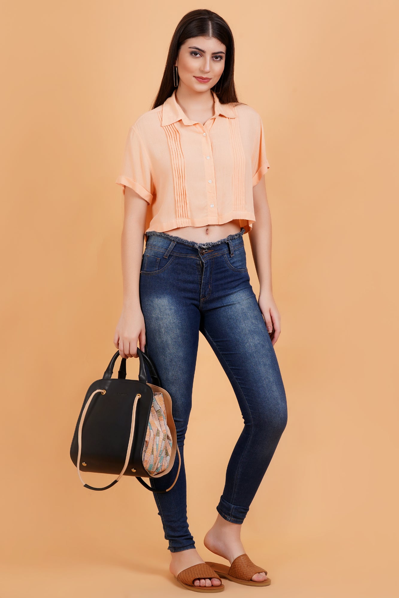 Peach Solid Crinkle Pintucks Crop Shirt