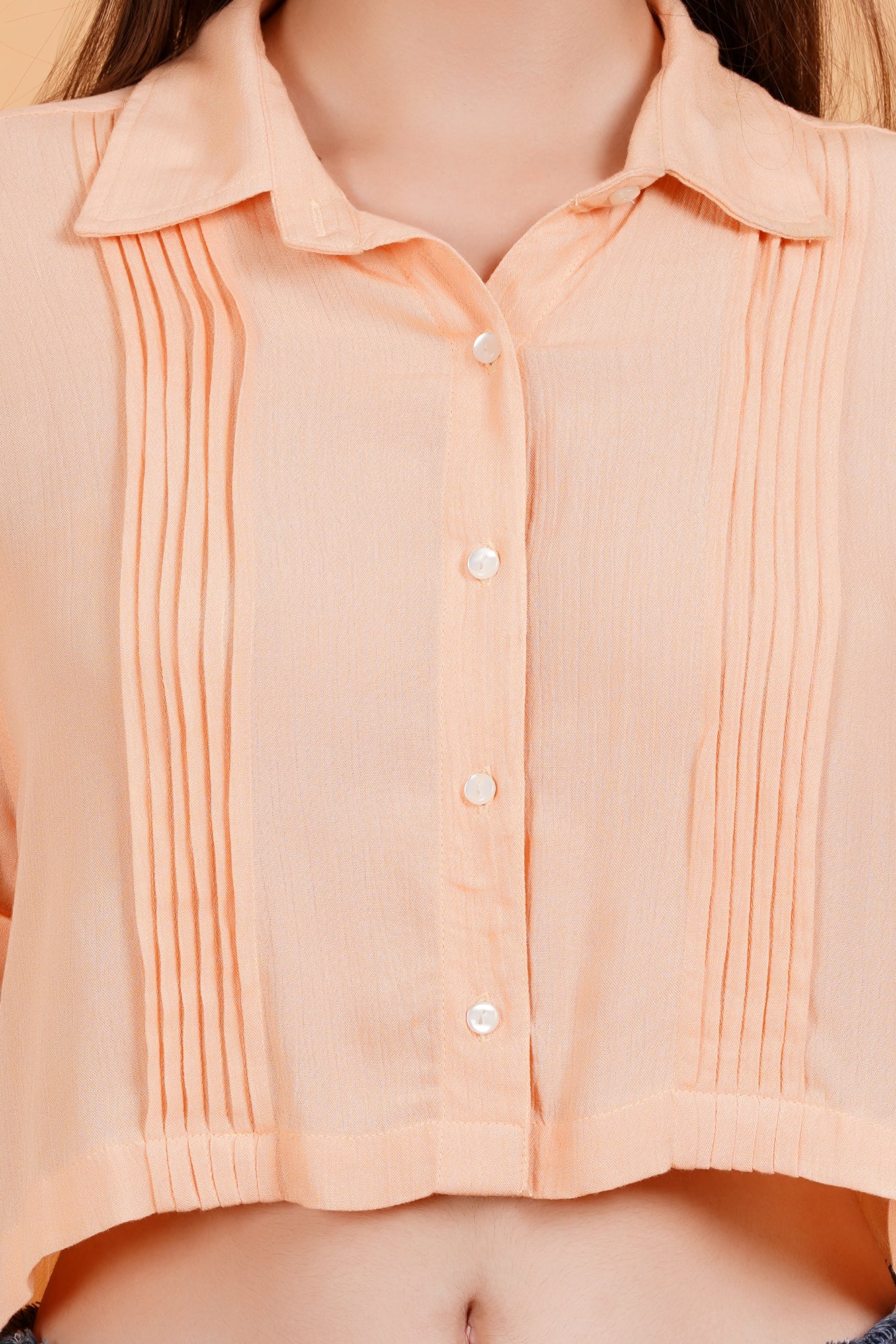 Peach Solid Crinkle Pintucks Crop Shirt