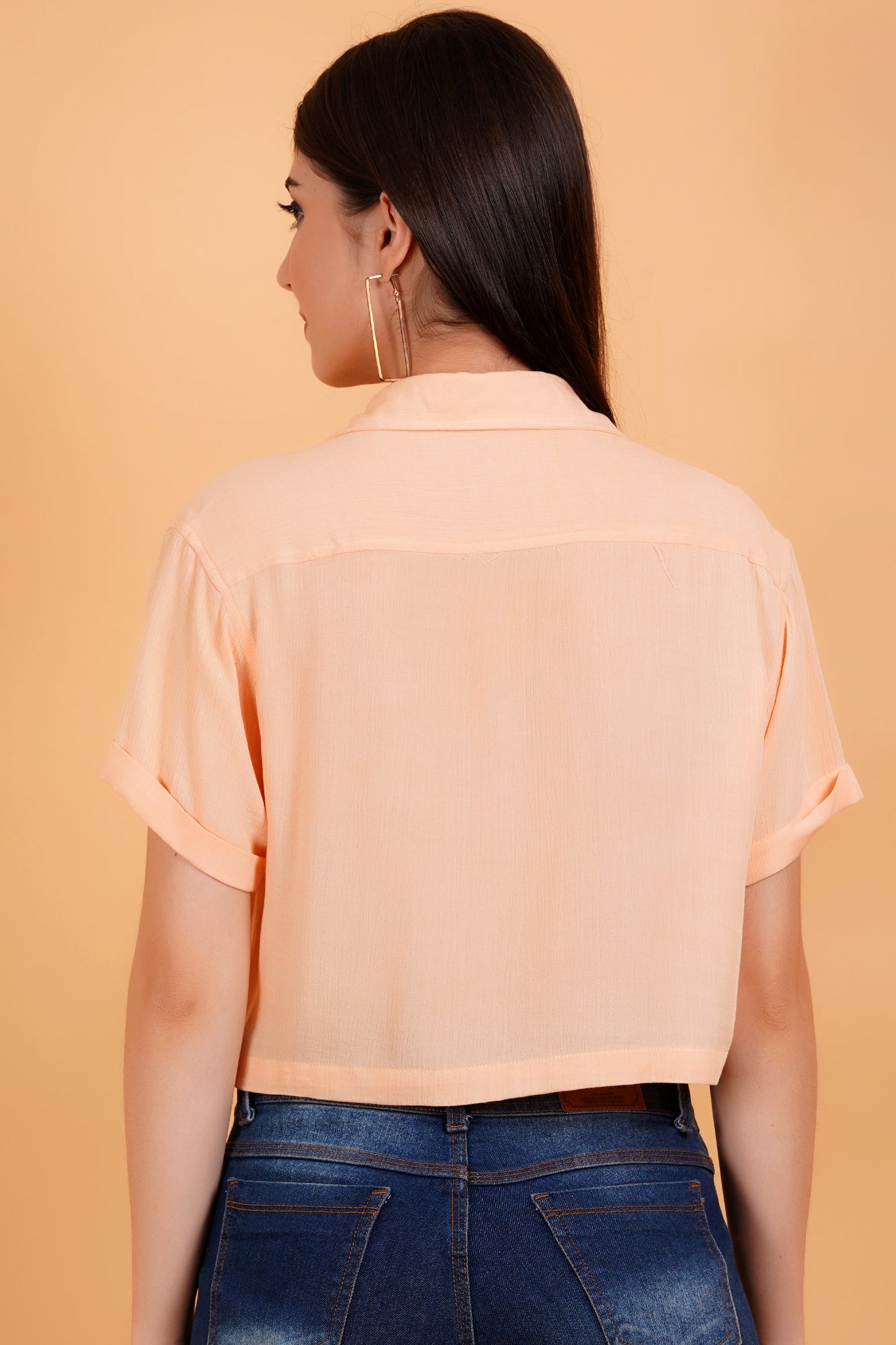 Peach Solid Crinkle Pintucks Crop Shirt