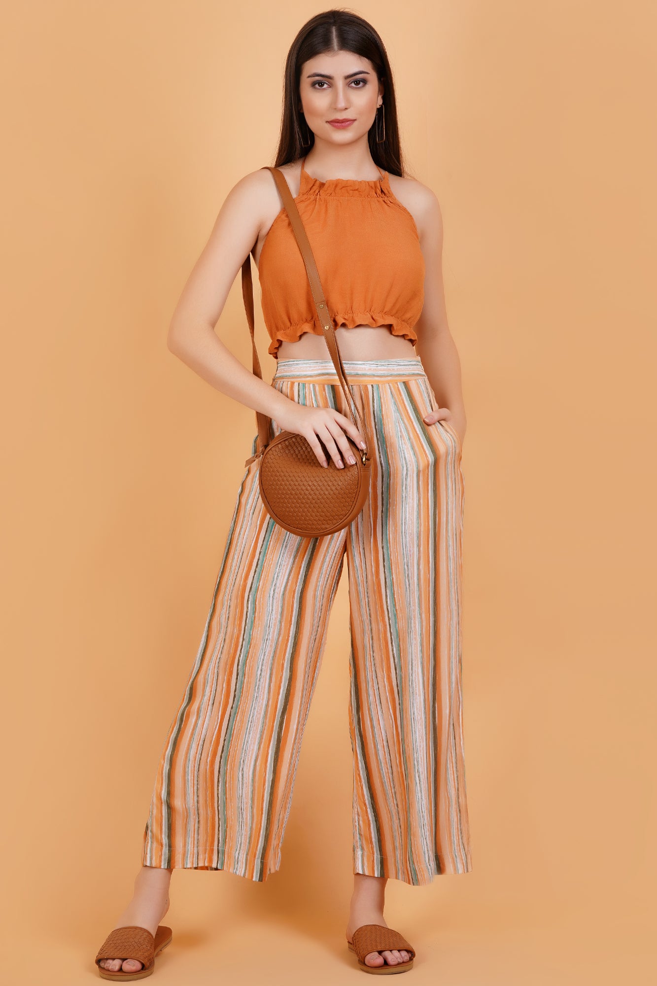 Orange Linen Blend Halter Neck Crop Top with Tie-Up