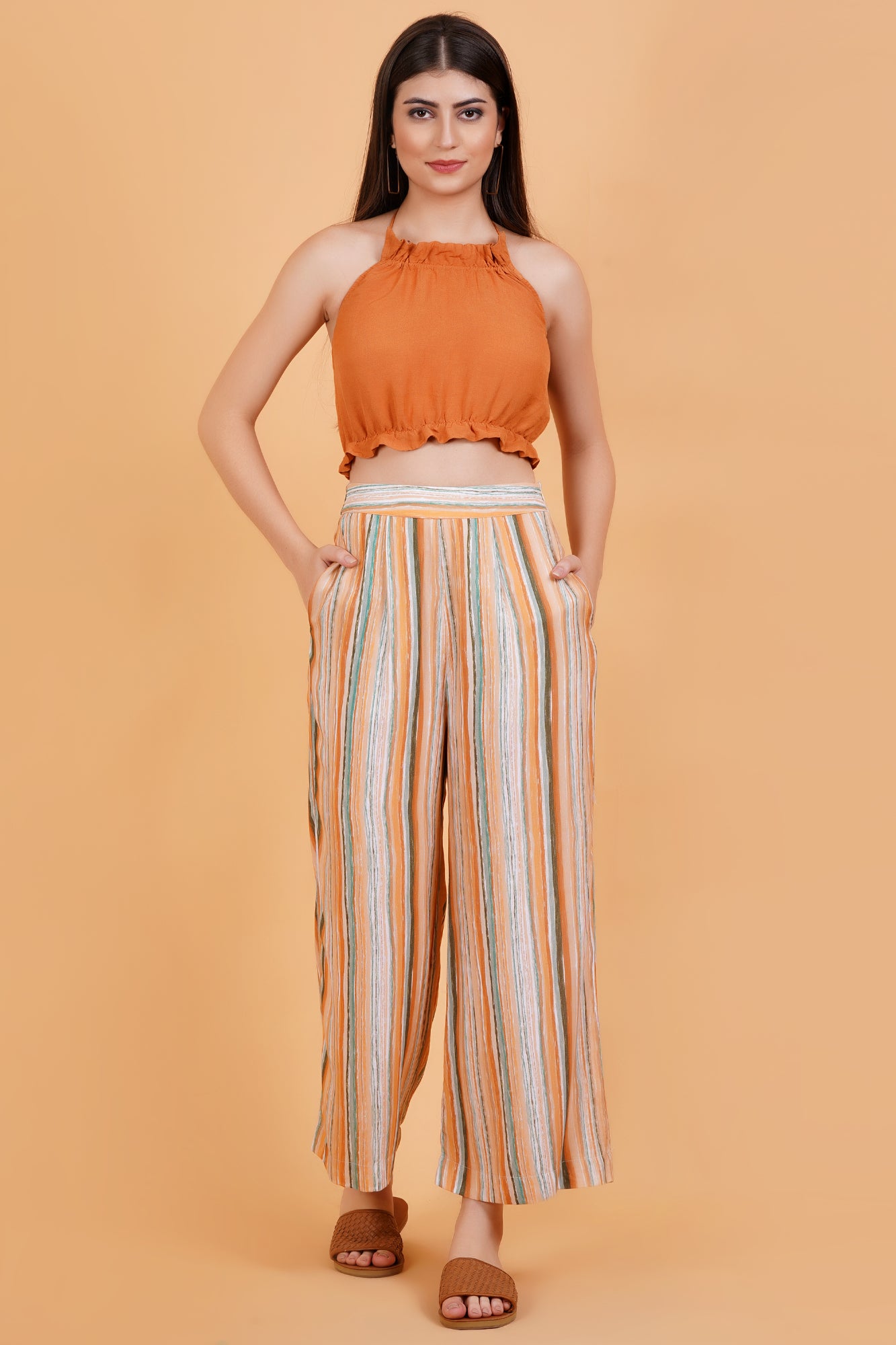 Orange Linen Blend Halter Neck Crop Top with Tie-Up