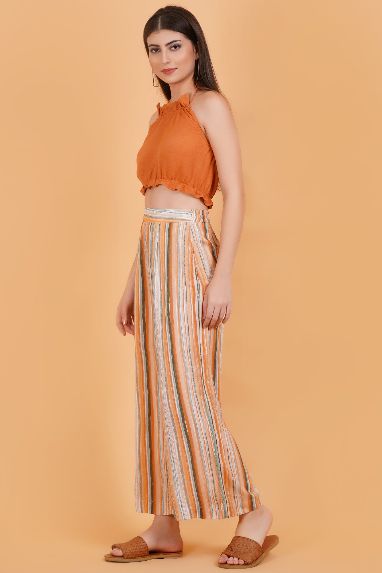 Orange Linen Blend Halter Neck Crop Top with Tie-Up