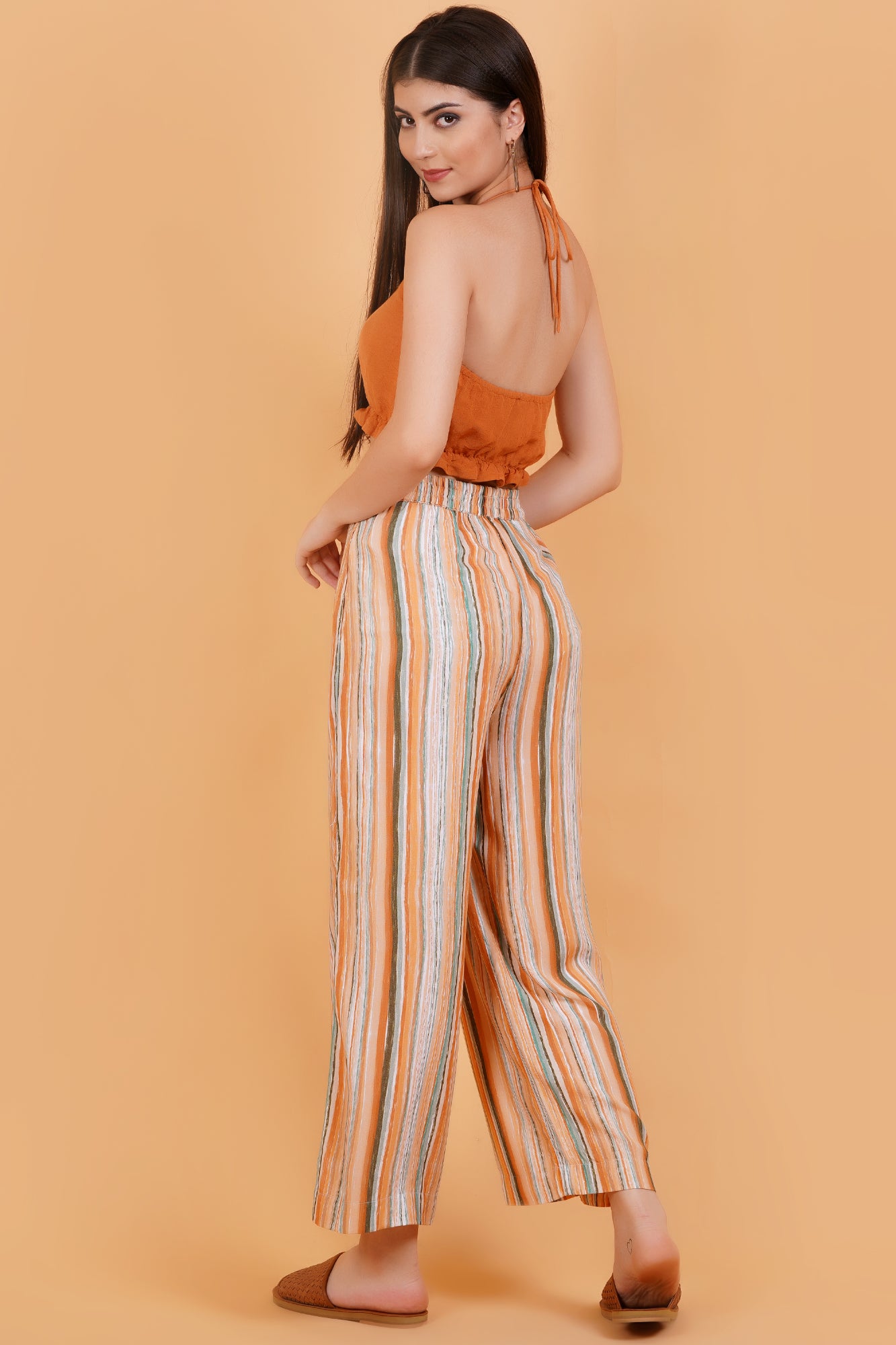 Orange Linen Blend Halter Neck Crop Top with Tie-Up