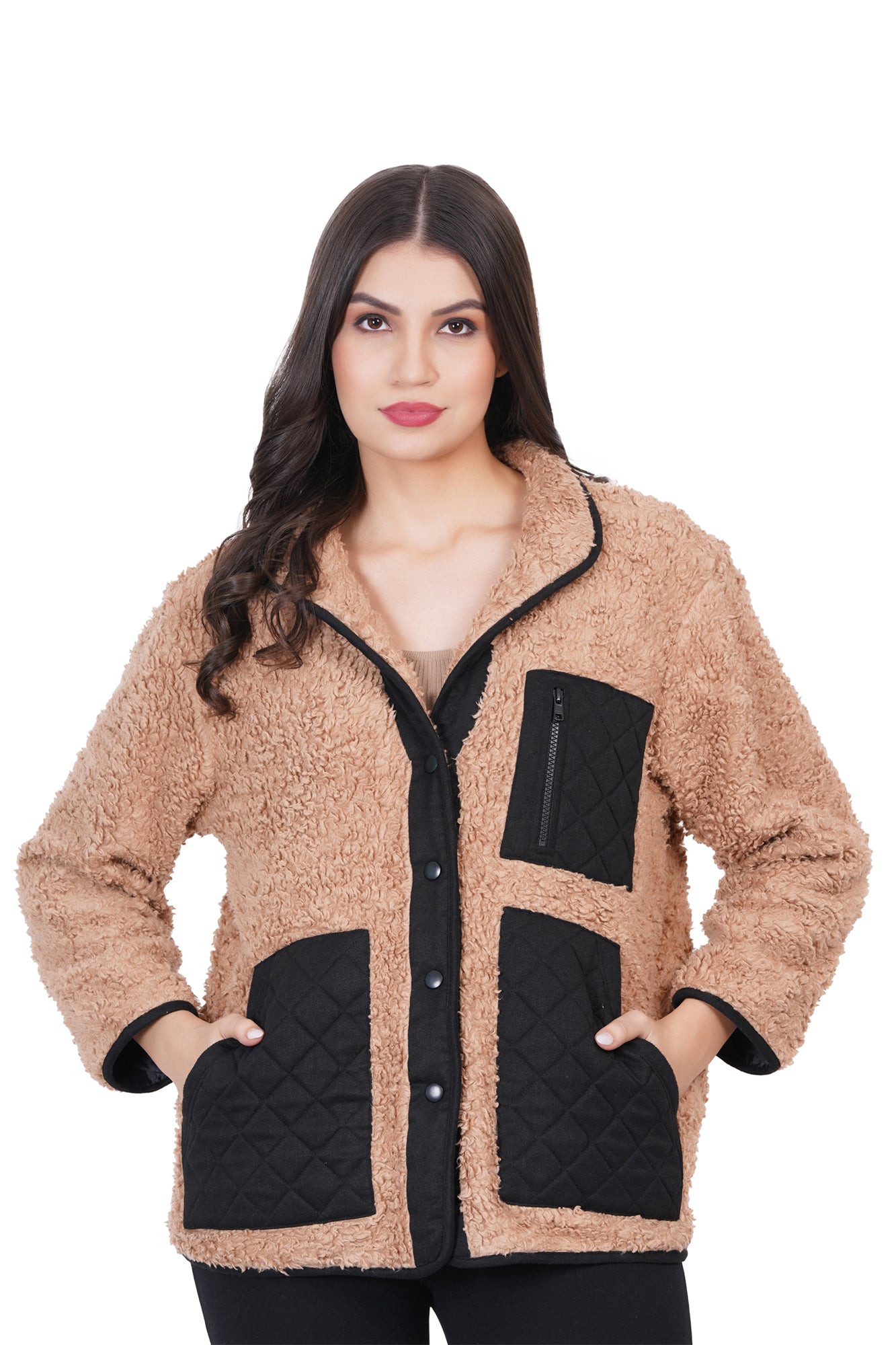 Tan Sherpa Jacket With Quilted Pockets