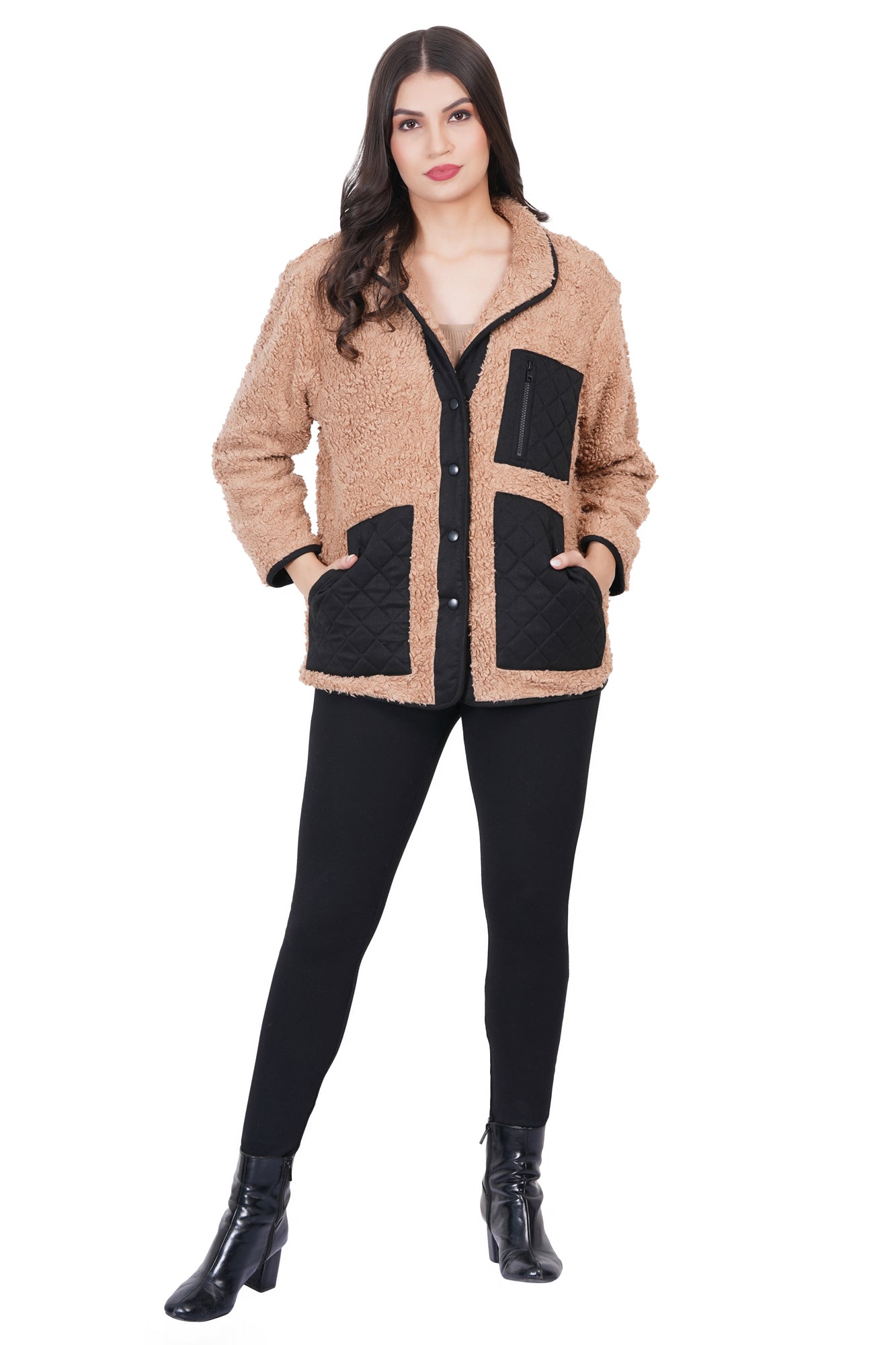 Tan Sherpa Jacket With Quilted Pockets